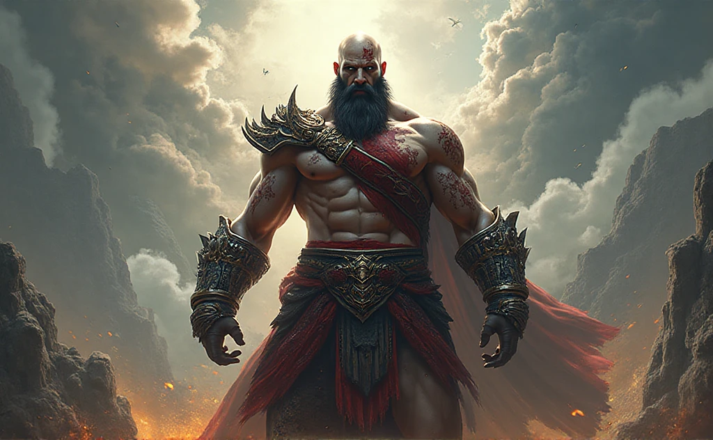 Muscular Kratos, angry, Wearing a skin armor, with bright white eyes, holding fire daggers, on Olympus, Full HD, best quality