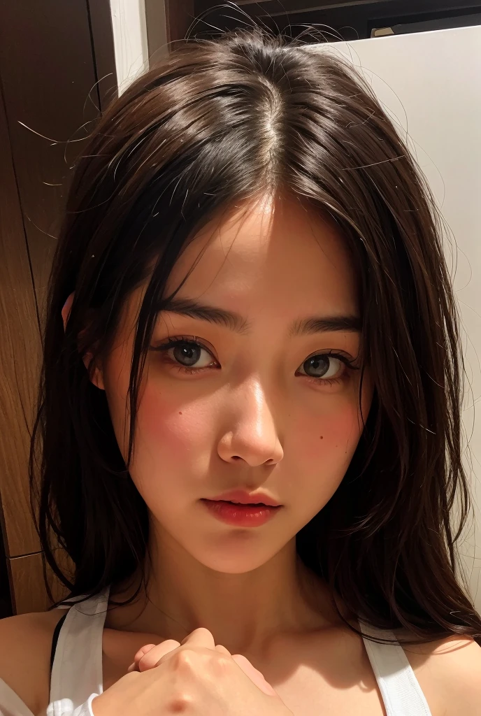 Close-up of heavily made-up 's face, perfect teeth, green eyes, face of  joy