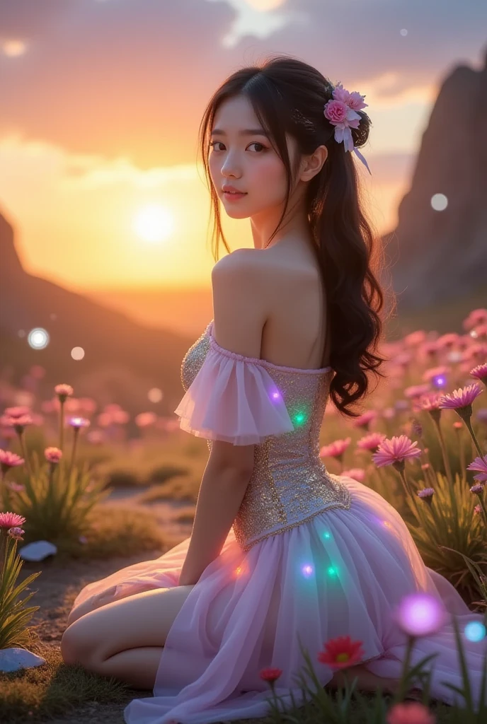 Masterpiece, highest quality, solo, (perfect face: 1.1), (high detail: 1.1), dramatic, dynamic pose, 1girl, breasts, blonde hair, bright blue eyes, solo, cleavage, delicate and characteristic pretty face, long hair, curved, small breasts, hanfu, thighs, intricate patterns,  shoulders, slender and tall figure, pink lips, she is like a fairy in the mortal world, elegant and elegant. Her dress was made of silk and dyed a soft pink color to match the glow of the sky. The dress has intricate embroidery of flowers and birds, showing her elegant taste and noble status. She wore a jade-colored hairpin on her long black hair, which fluttered behind her as she ran. Her face is delicate and flawless, with bright eyes and rosy lips. She smiled and enjoyed the freedom and beauty of nature. The fields are covered with green grass and colorful wildflowers that sway in the breeze. The sun sets behind the mountains, casting a warm glow on the entire scene. She looks like a painting, a dream, a poem.