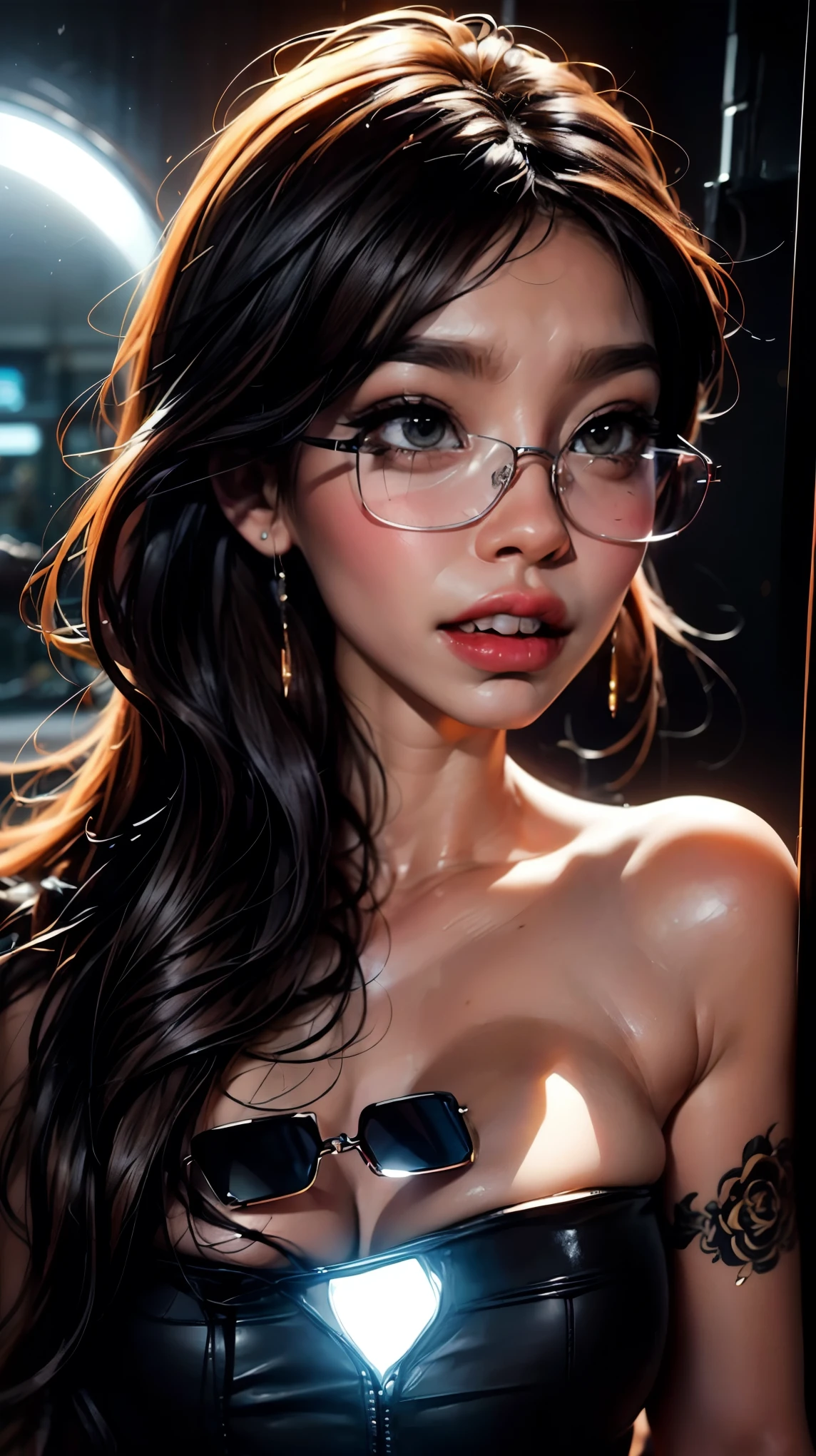 ((a close up of a woman. An elegant and delicate cartoon that slightly exaggerates the hyperrealistic features :1.52, Make it delicate and sensual :1.5, accentuating features such as a fleshy and thick mouth , slightly larger eyes made up with bright and colorful glitter , and very long eyelashes with glitter at the tips , rosy cheeks:1.51, Beautiful face of a cyberpunk girl, great Digital Art with details, slightly biting her lower lip, sensually, She wears glasses you can see the reflection in the glasses of the glasses :1.5)), arte digital. masterpiece , Detailed woman, full lips in the style of Angelina Jolie , Long false eyelashes , eye makeup, blushed lips and cheeks , wears earrings all over her ear like piercings and has a ring embedded in the ovum of her ear, a piercing on the lips and nose , Hyperrealistic art style , Brandon Woelfel, Of the tattooed face, tattoos and piercings, realistic digital art 4k , realistic digital art 4k , tattoo style, Art Cyberpunk style, Girl with glasses , claroscuro, cinematic lighting, Optical illusion, HD, UHD, retina, masterpiece, Precise, anatomically correct, Textured skin, super detail, Tall details, High quality, Awarded , mejor calidad, high resolution, 1080P, HD, 1