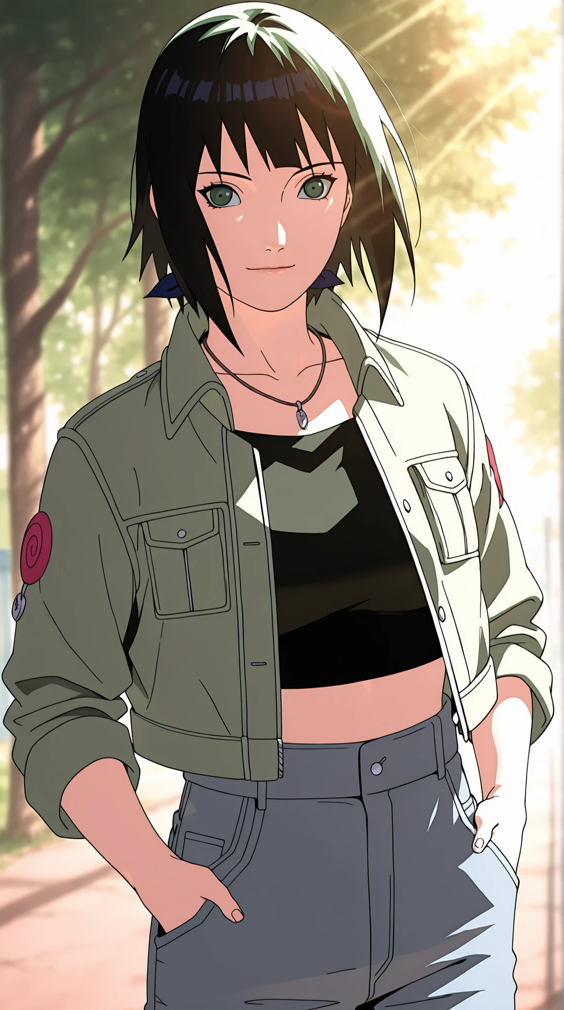 Naruto anime style girl, long black hair, bright green eyes, soft smile; casual modern outfit: fitted black crop top, light denim jacket, high-waisted jeans, simple necklace with small charm; relaxed pose with one hand in pocket; sunlight filtering through trees; warm, soft lighting, clean lineart, HD, beautifully detailed.