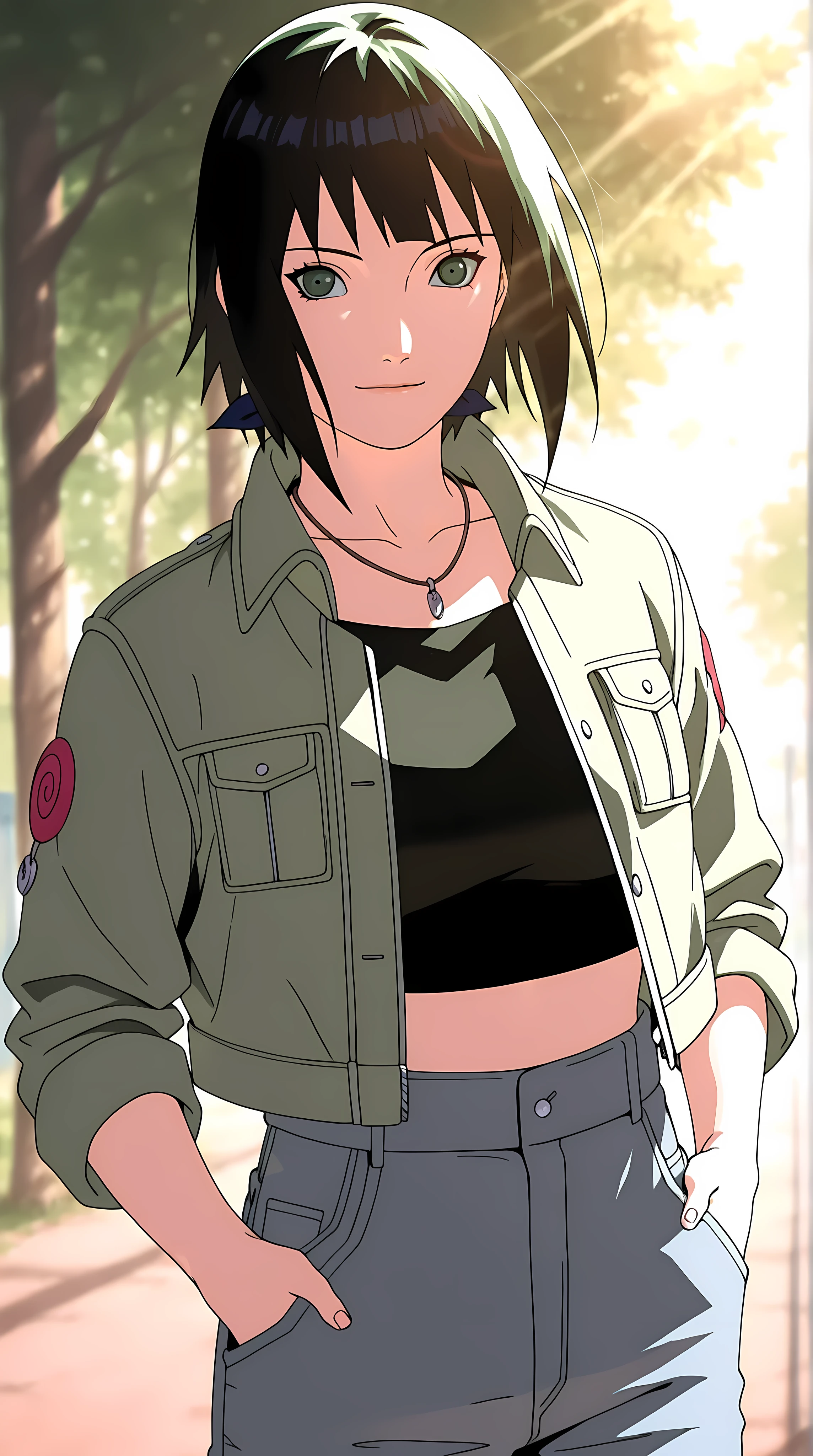Naruto anime style girl, long black hair, bright green eyes, soft smile; casual modern outfit: fitted black crop top, light denim jacket, high-waisted jeans, simple necklace with small charm; relaxed pose with one hand in pocket; sunlight filtering through trees; warm, soft lighting, clean lineart, HD, beautifully detailed.