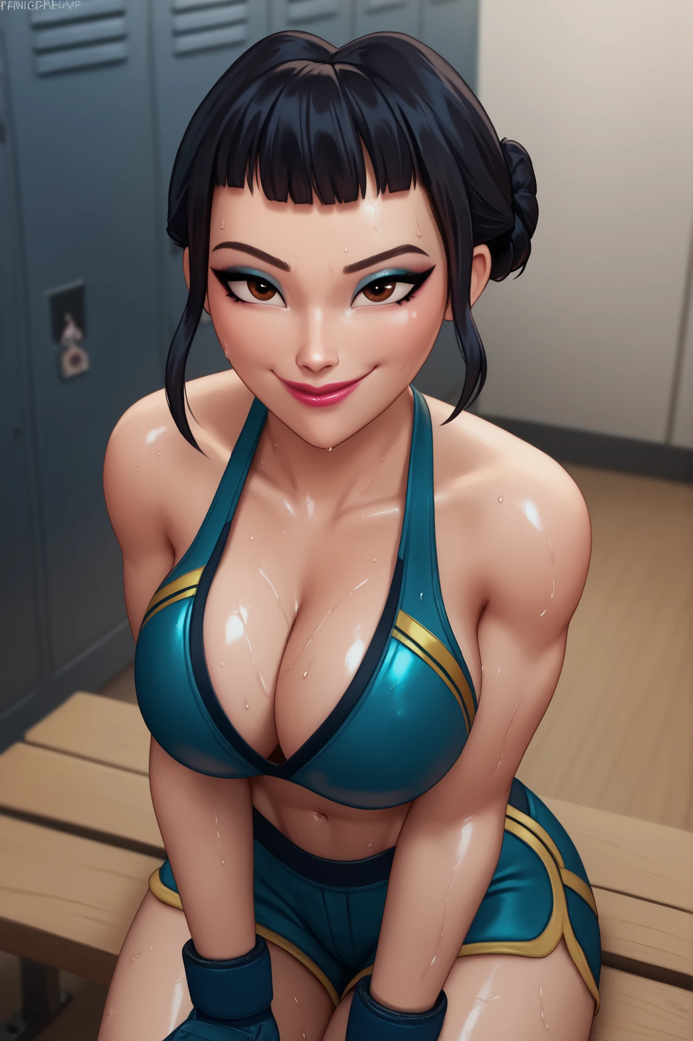 BREAK, score_6_up, score_7_up, score_8_up, score_9, 1girl, solo, kpdh_z0ey, black hair, short hair, hair bun, brown eyes, blunt bangs, lipstick, makeup, official KPop Demon Hunters aesthetic, large breasts, busty, cleavage, curvy, athletic, looking at viewer, seducing viewer, teasing viewer, feisty expression, smiling, closed mouth, bedroom eyes, blue bikini top, dark blue boxing shorts with yellow trim, blue wrist wraps, midriff, indoors, locker room, sitting on bench, closeup, portrait, upper body, high-angle view, blue eyeshadow, black mascara, sweaty, sweat drops, wet skin, shiny skin 