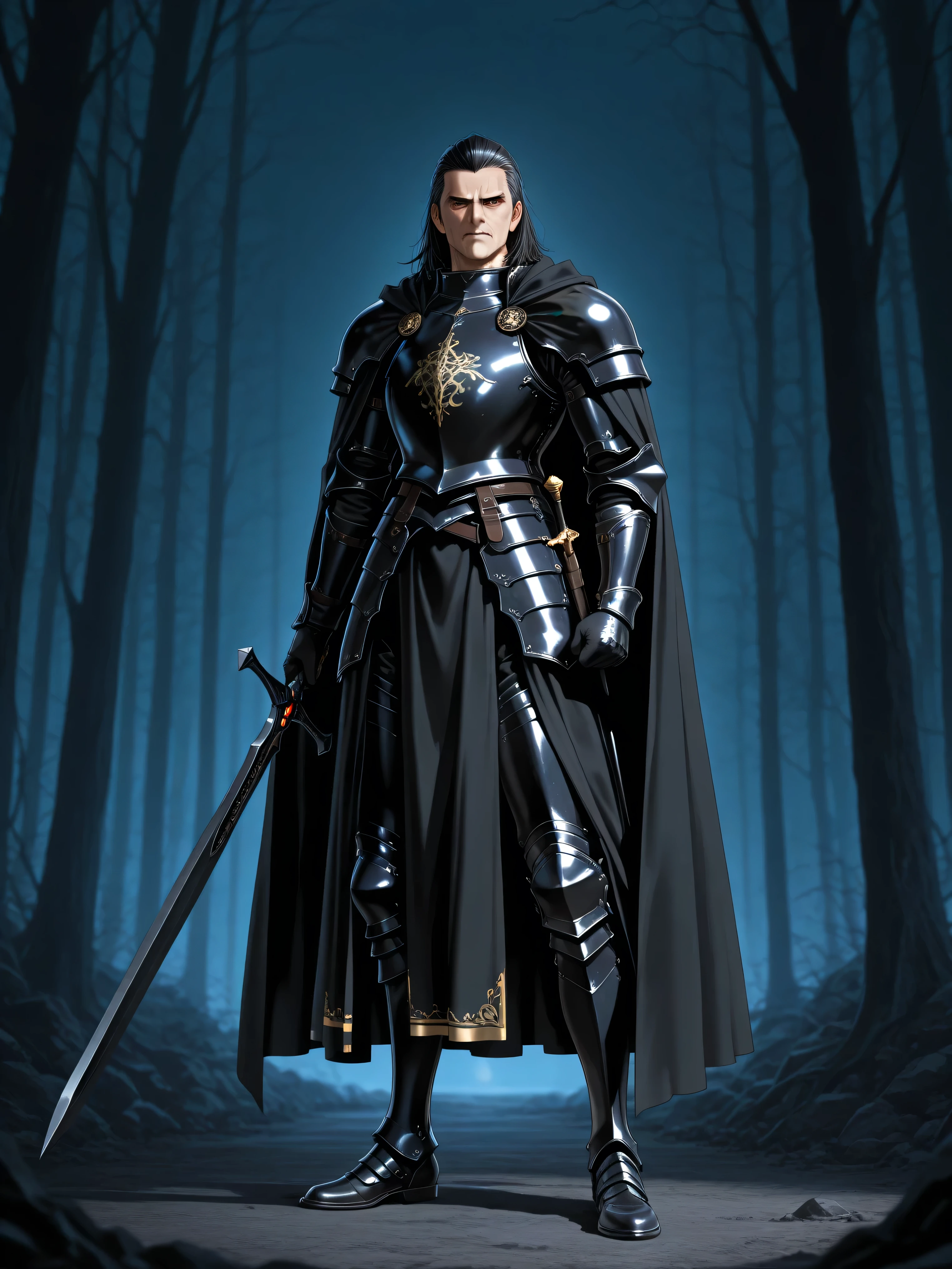 thirty-year-old man with slicked-back black hair and sharp eyes, full body in frame, standing and holding an ornate jet-black Western two-handed bastard sword in middle guard, black knight wearing beautiful jet-black full plate armor, black cloak with gold-trimmed edges, background is a dark forest at night, anime-style illustration, tense dramatic lighting, full body, highly detailed, high resolution