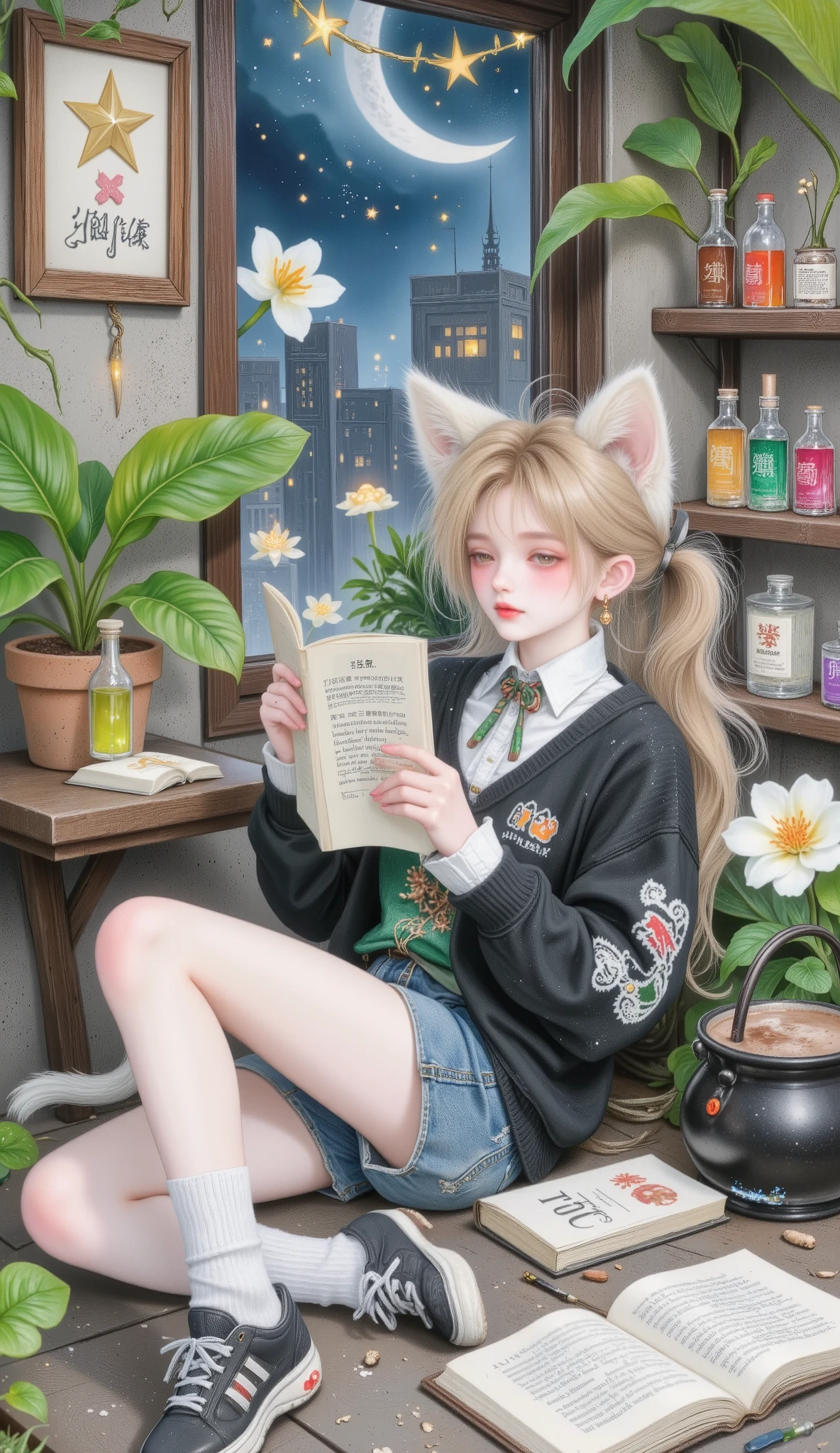photography, ultra alta resolución, Photo RAW, charming anthropomorphic cat-demon anime reading a book of spells on the, curiously focused expression with large, round eyes and small fangs that peek out, soft cream-colored fur with markings Shaped like constellations, loose and cozy sweater "Junior Demon Academy" Logo, comfortable shorts with tail hole, uneven socks and sneakers with lights, the city's starlit rooftop A small garden of magic plants, soft night lighting with garlands of lights and small luminous mushrooms, charming and mysterious night atmosphere, detailed magic study area with floating cushion shelf and strong, bottles of colored potions neatly ordered by color instead of function, small cauldron that boils hot chocolate instead of potions