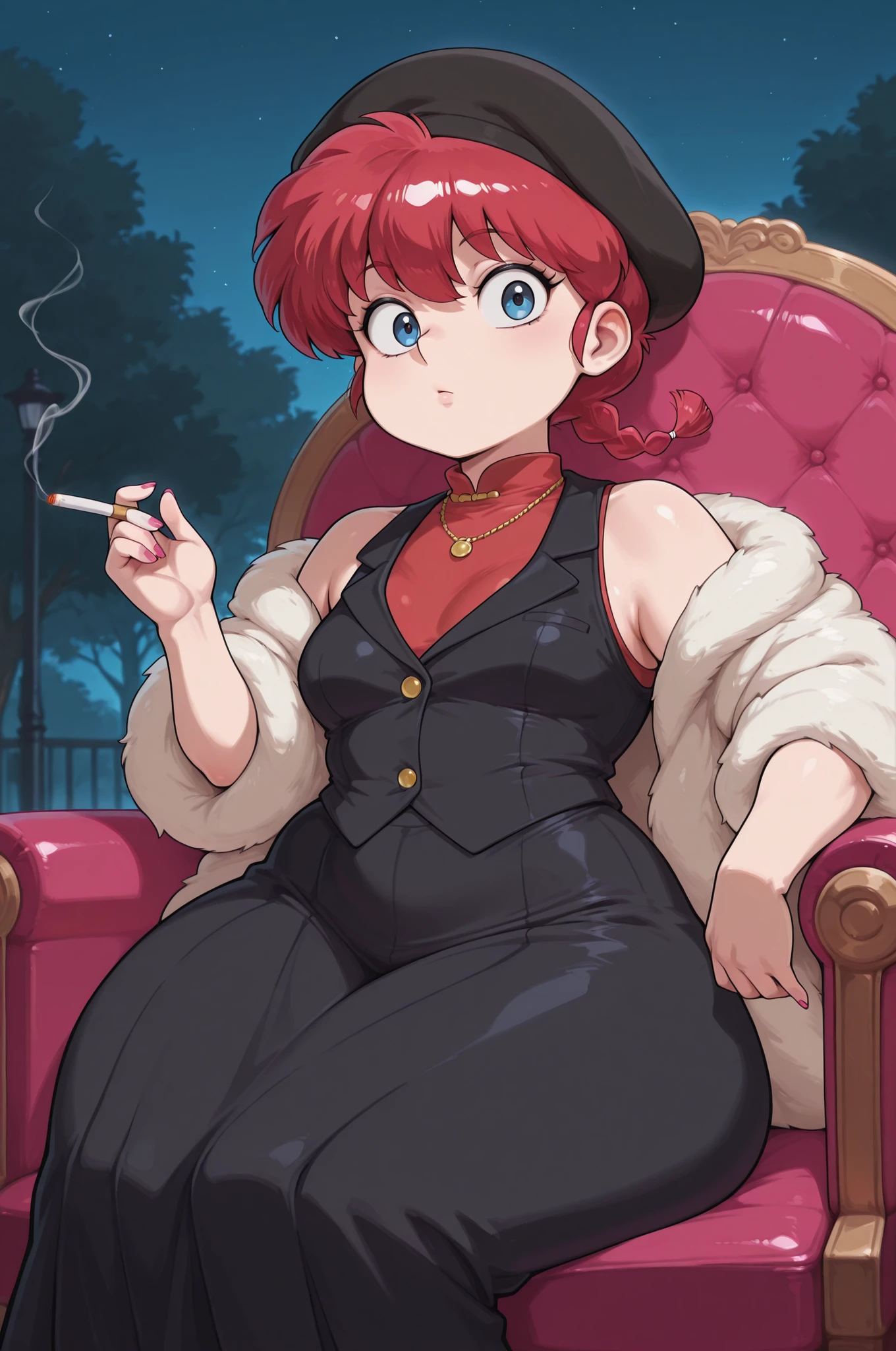 safe_pos, Ranma Saotome. red hair. pigtail. blue eyes. braid. small breasts. huge hips. necklace. black eyeliner. pink manicure. | score_9,score_8_up,score_7_up,score_6_up,source_anime,rating_questionable, solo,1girl, mafioso, night,holding cigarette, lounging on lavish seat, mafi4, red shirt, long skirt. black vest,black hat, fur coat,, zPDXL2,