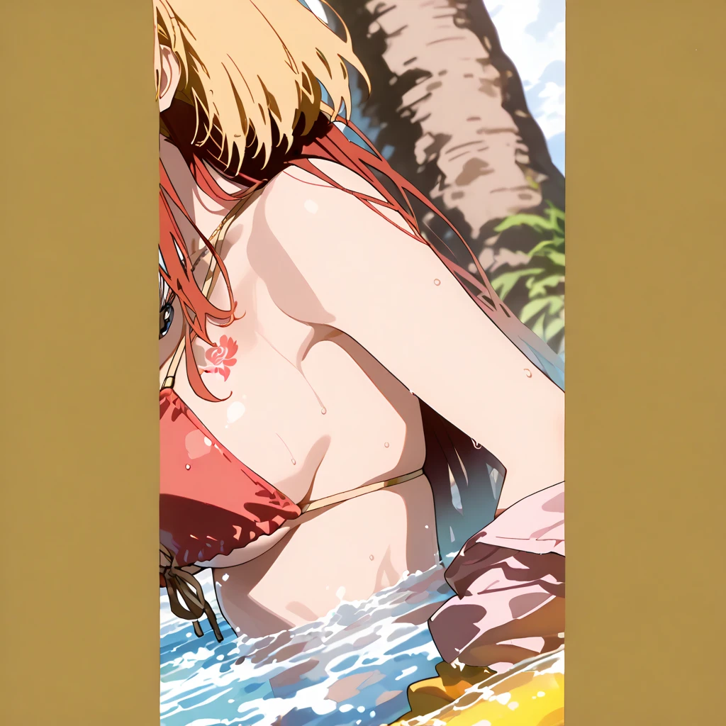 NSFW,masterpiece,Highest quality,High resolution,Super detailed,oshino shinobu \(Bakemonogatari\),Golden Eyes,Blonde,Long Hair,High quality micro bikini,Daytime beach,Palm tree,(Oho face),Embarrassed,Estrus,Sweat,fear,blush,(Leg spread),orgasm,Climax,(Squirting),(Ahegao),Roll your eyes、squint,One man,Having sex,forcibly,Creampie,,From the back