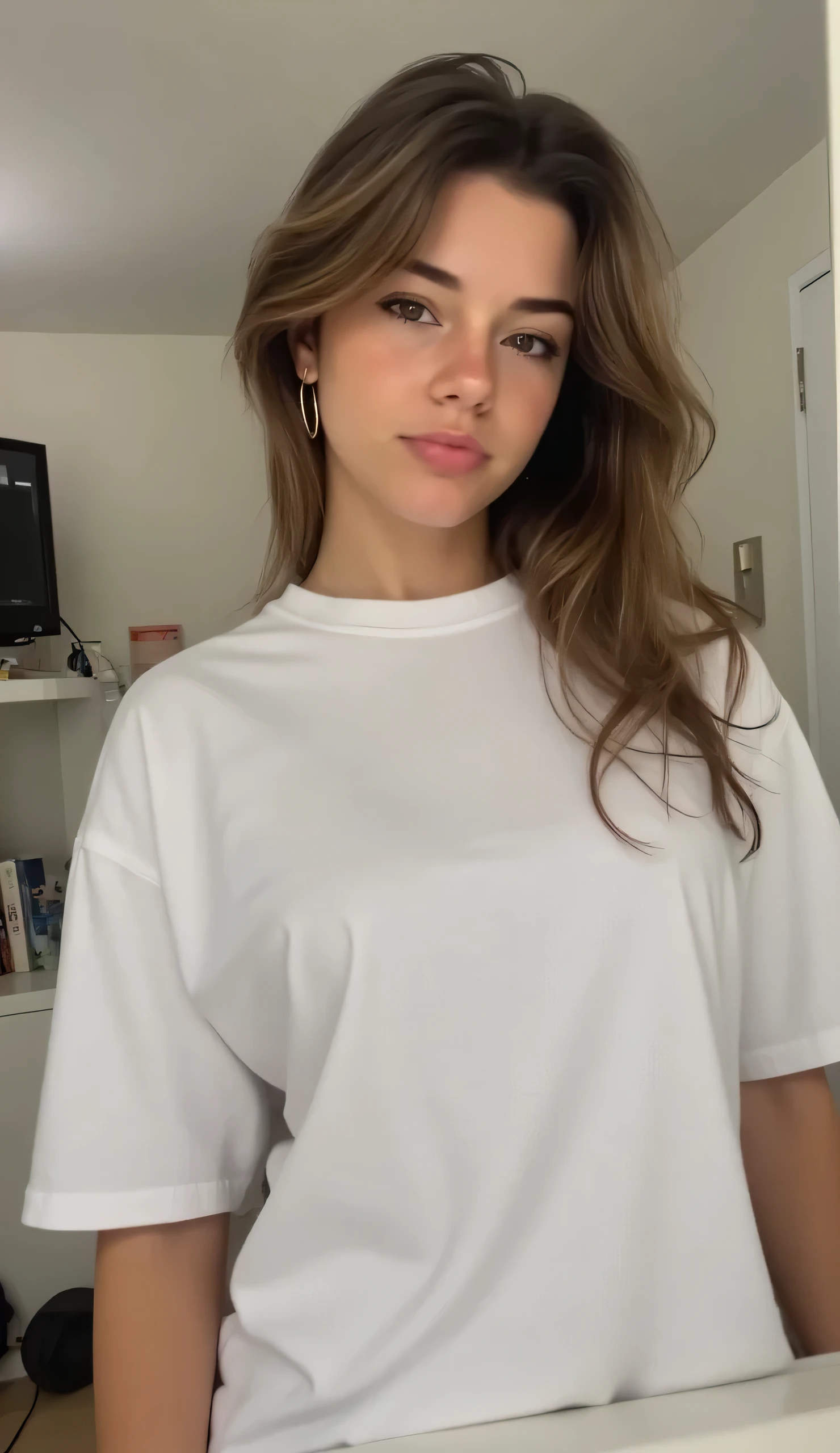 she is taking a selfie in front of the mirror wearing an oversize male white t-shirt
