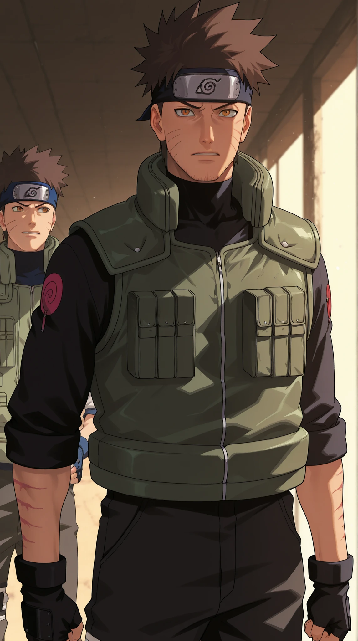 Male jōnin from Naruto-style. Around 30 years old, tall and lean, messy dark brown hair, amber eyes, light stubble. Calm and mysterious expression. Dark tactical vest, black undershirt, charcoal pants, fingerless gloves, Konoha headband tilted. One shoulder cloak fluttering. Subtle scars. Dramatic anime lighting, high detail..