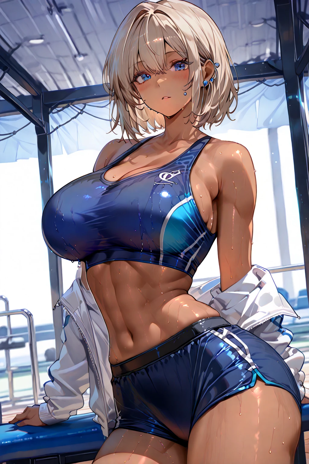 Femme sexly, Portrait, dos, gym, sexly, souriant, perspiring, sweating, very wet