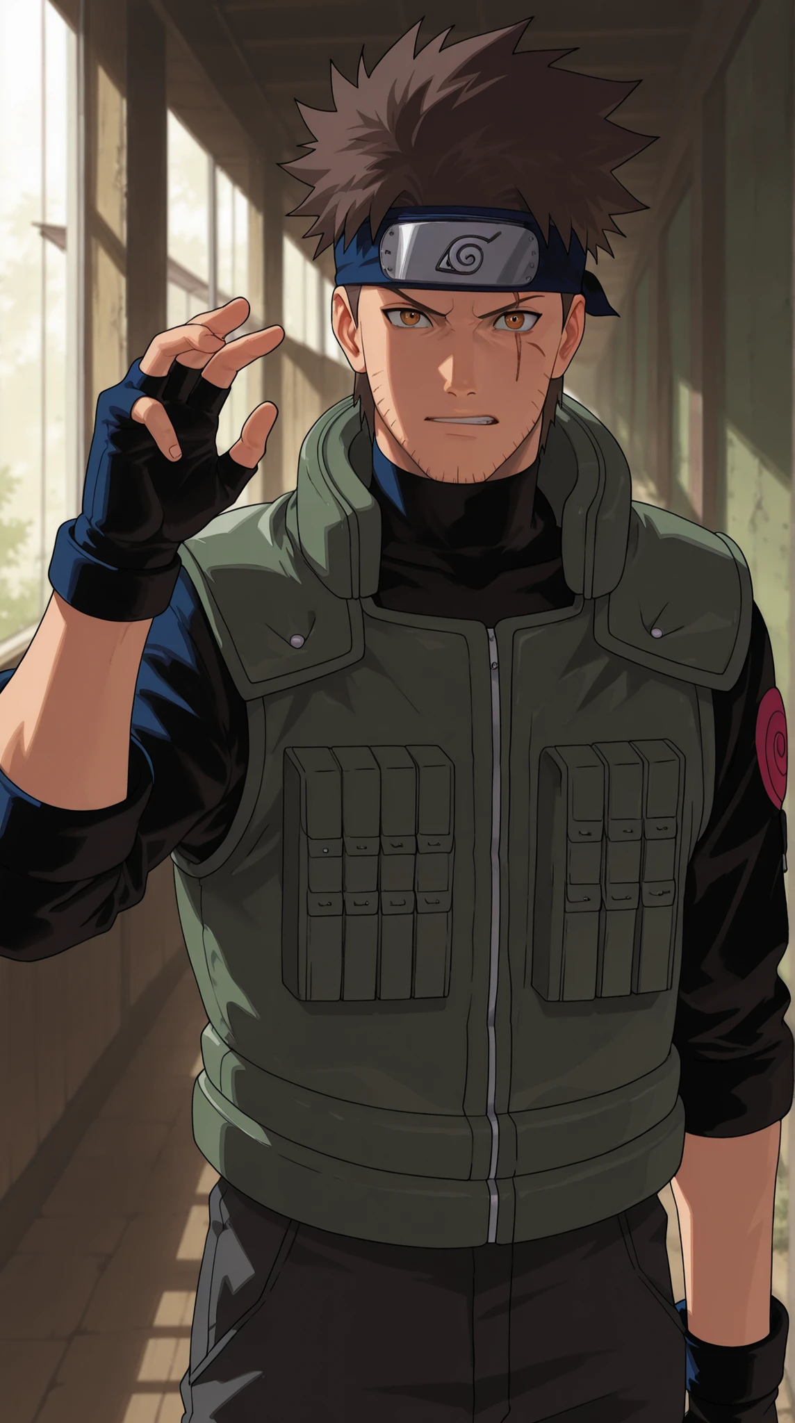 Male jōnin from Naruto-style. Around 30 years old, tall and lean, messy dark brown hair, amber eyes, light stubble. Calm and mysterious expression. Dark tactical vest, black undershirt, charcoal pants, fingerless gloves, Konoha headband tilted. One shoulder cloak fluttering. Eye scar. Dramatic anime lighting