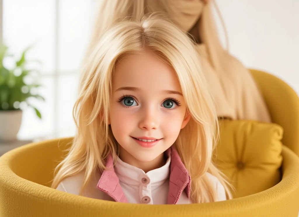 , playing with dolls, happy, Blonde, green eyes, slim