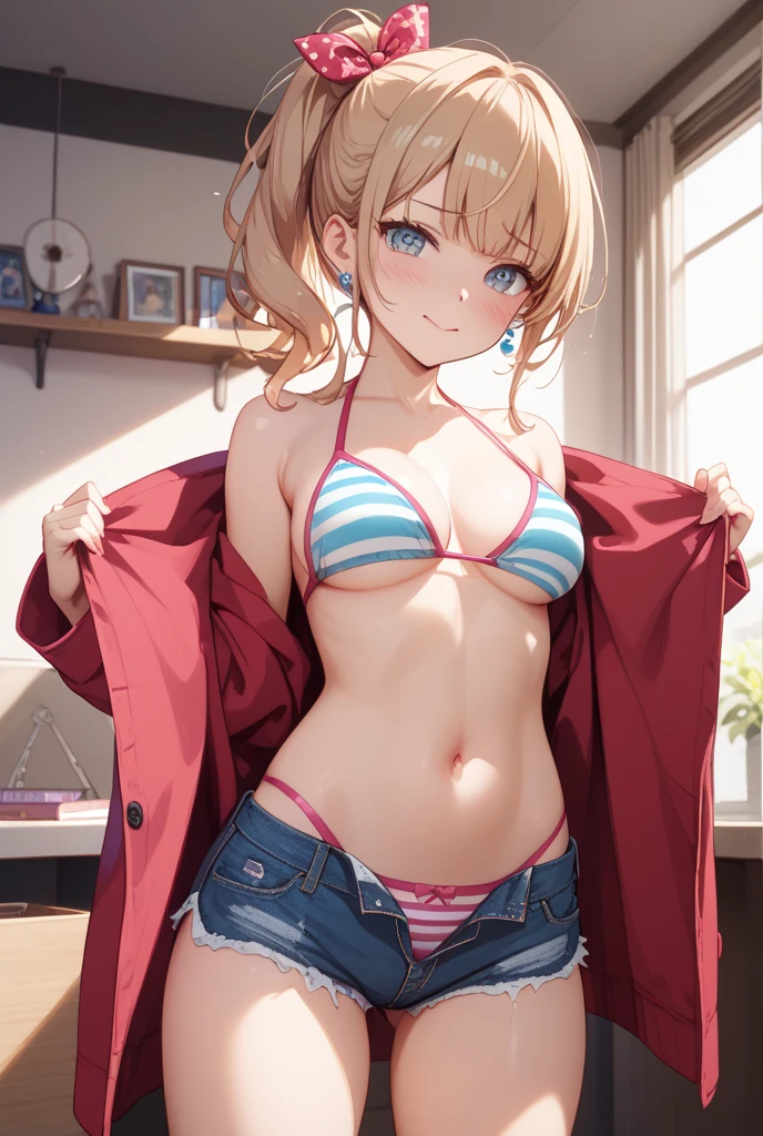 (​masterpiece:2.0), (top-quality:2.0), ( on the beach:1.5), (tiny white  :1.5), (Super Sexy Pose:1.5), (from below looking up:1.5), (Perfect  shoulders:1.5), (Perfect  nape:1.5), (blushed face:1.5), (hide crotch with hands:1.5), (hiding chest with hands:1.5), (Spilling:1.5), (Realistic:1.5), under the boobs, You can see the on the side, , 1 little girl, Precise little hands, Embarrassed look, lightsmile, A surprised face to see me, a very pretty girl, Innocent face, Young Face, Clear eyes, Shining eyes, tiny chest, shoulders can be seen, Tummy is visible, I can see the cleavage, buttocks visible, The crotch is visible, No pubic hair, Dynamic Posing, Beautiful skins, ultra-definition, Top resolution, Japan High School Student, Golden hair