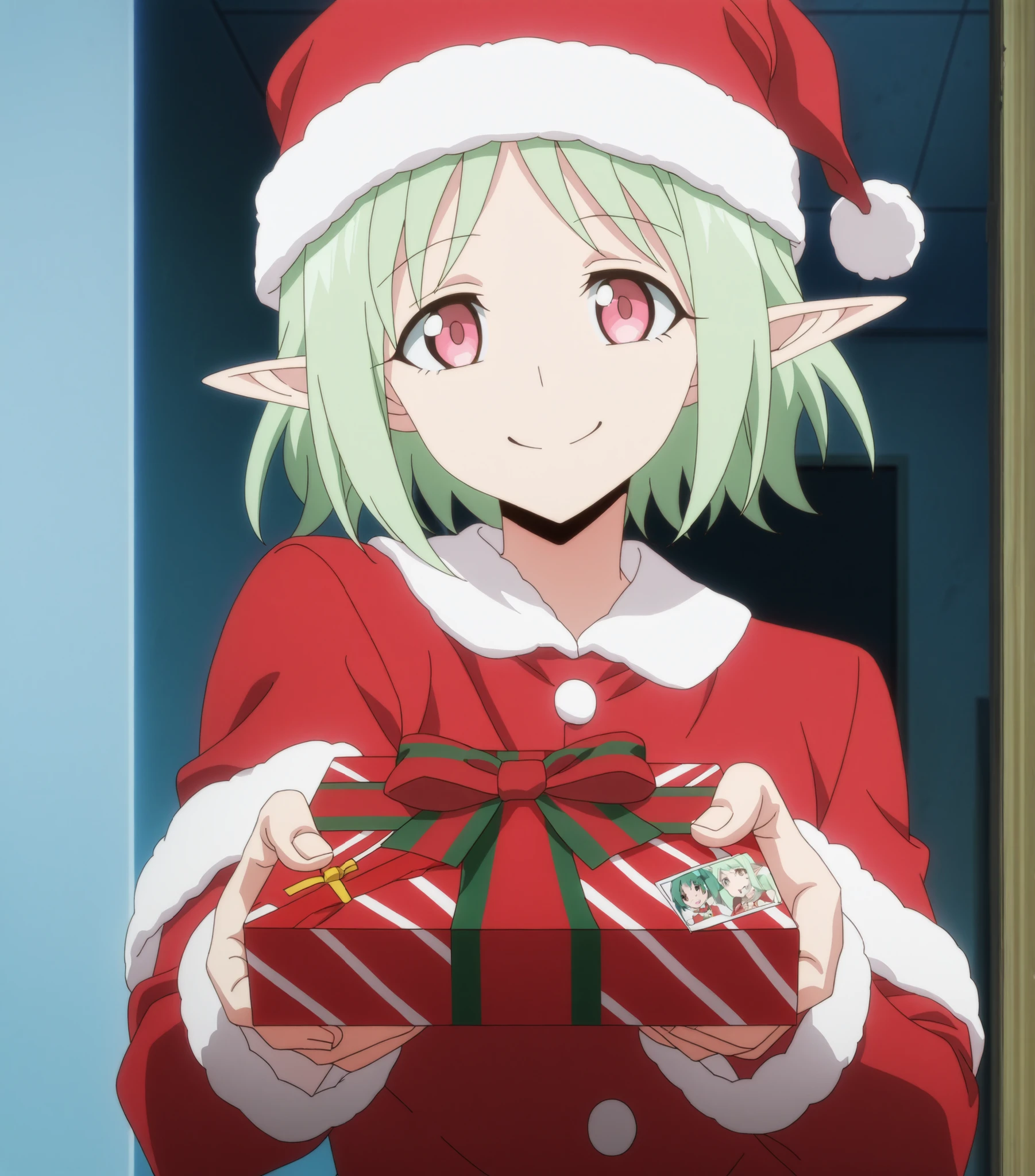 score_9, score_8_up, score_7_up, source_anime, very aesthetic, anime screencap, anime coloring, 1 girl, anime, around 19~, solo, elf ears, happy smile, Christmas clothes, green hair, Christmas hat, giving a gift box to the viewer