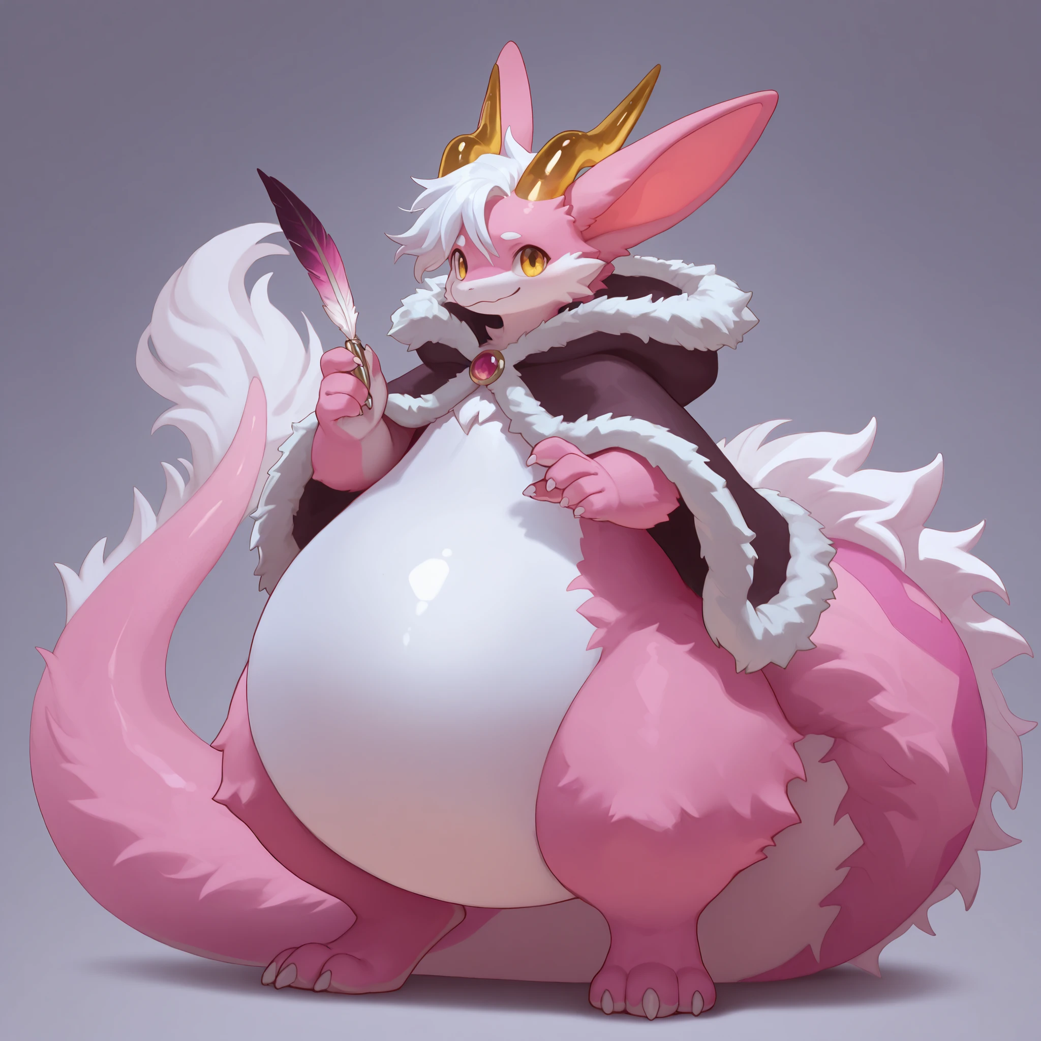 full body, furry, dragon, wide bottom, heavy bottom, wided legs, long digitigrade leg, giant pearshape body, no nipple,detailed face, pink fur,4k ultfigurelity, (4k half body view:1.0),ultra high detailed body,feral dragon,(cute face:1.3),pink fur,golden eyes,white belly fur,white hair,long hair,enormous body,side view,(long ears),(big ears),(big horns),(dropping ears),long tail,thick tail,big tail,(fluffy cloak),(smaller head),(enomorous body),hyper tail,white flowers,gigantic body,holding feather pen