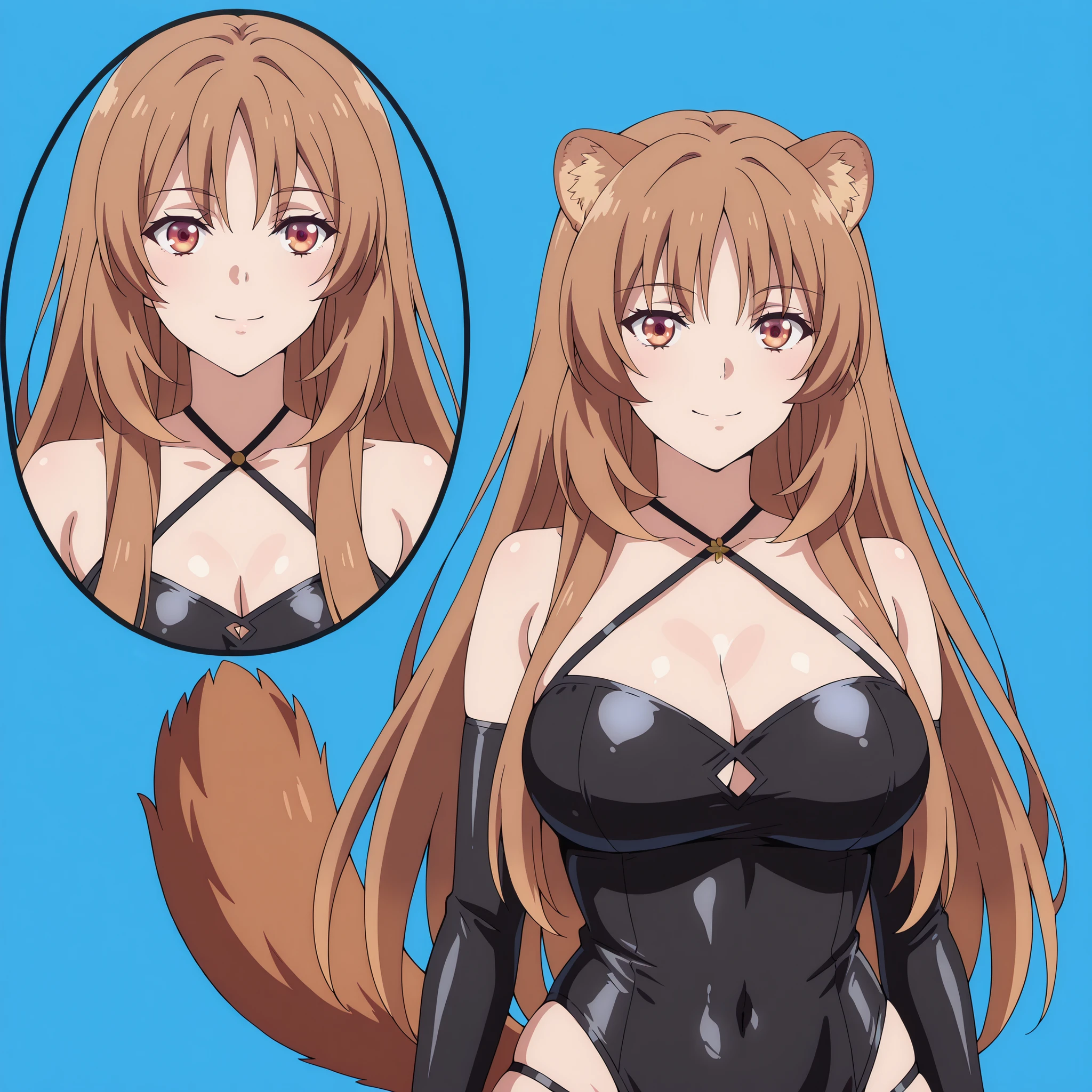 Horikita Suzune and Raphtalia. Raphtalia has amber eyes, rounded ears and a new hairstyle: cabello largo, central fringe and a side braid. Both have a curvy figure and large breasts. Wear tight black bikinis. They are located in the center of a blue room, showing cheerful and flirty expressions. Ultra-detailed anime-style art, vibrant and dramatic lighting, soft and realistic textures. impeccable aesthetics, masterpiece quality, 4K resolution.