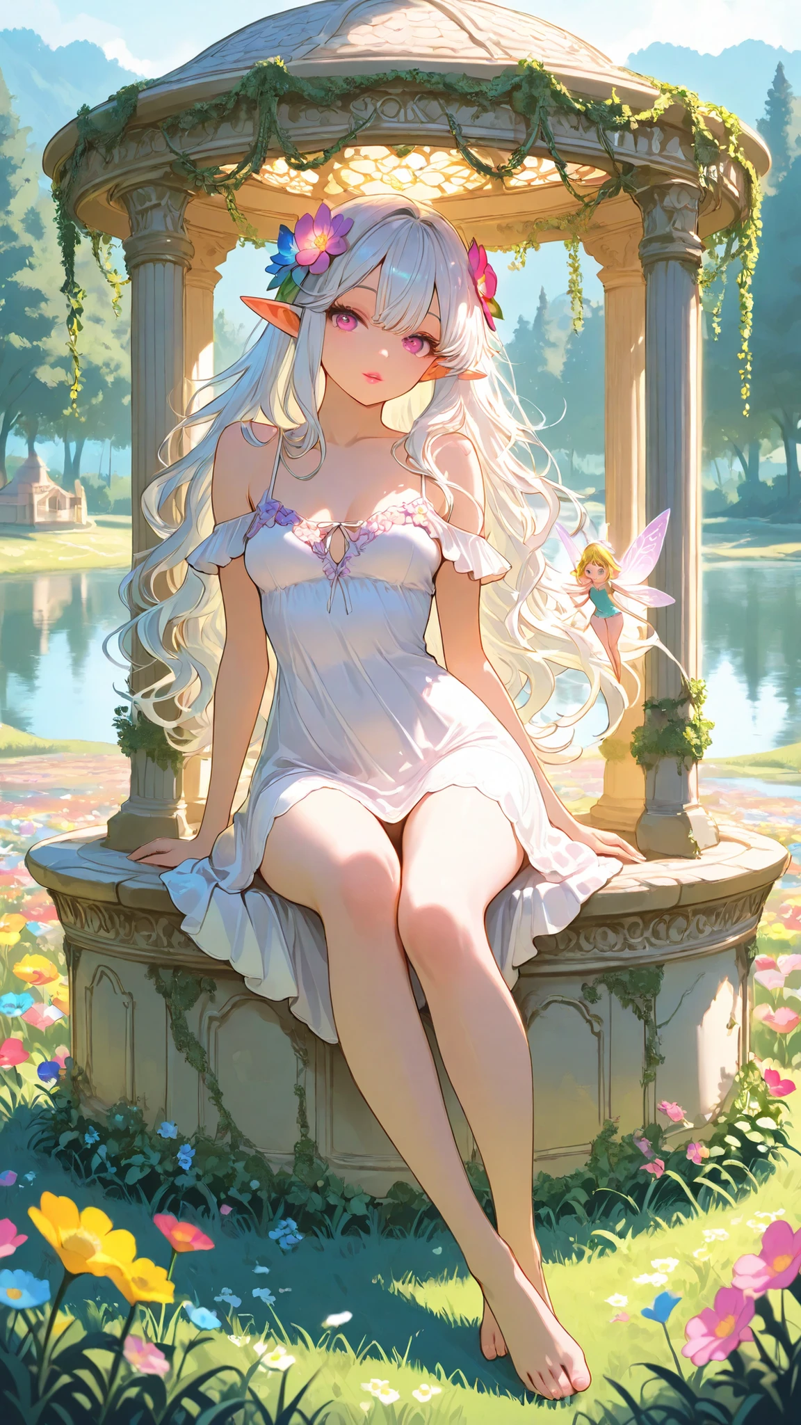 masterpiece:1.3), (best quality), (high resolution), (32k) ,(beautiful garden with a European-style gazebo in the center. Mystical Flower Meadow, Luminescent  Trees, Magical Orchard, Fairy Herb Garden, Lake Enchanted Spring, colorful flower, flowers are in shades of pink, purple, yellow, and white, and create a contrast with the green grass and trees. background.) ,DAY,1girl,(White long wavy hair with loose beachy waves, light blue tips, airy layered structure,)(red eye)(off-shoulder mini black camisole one-piece dress)(beautiful detailed eyes:1.3),(pink lips),(medium breasts:1.2) (small face:1.3)(contrapposto)(full body),(short girl, petite, compact body,cute proportions)sitting Fairy Altar