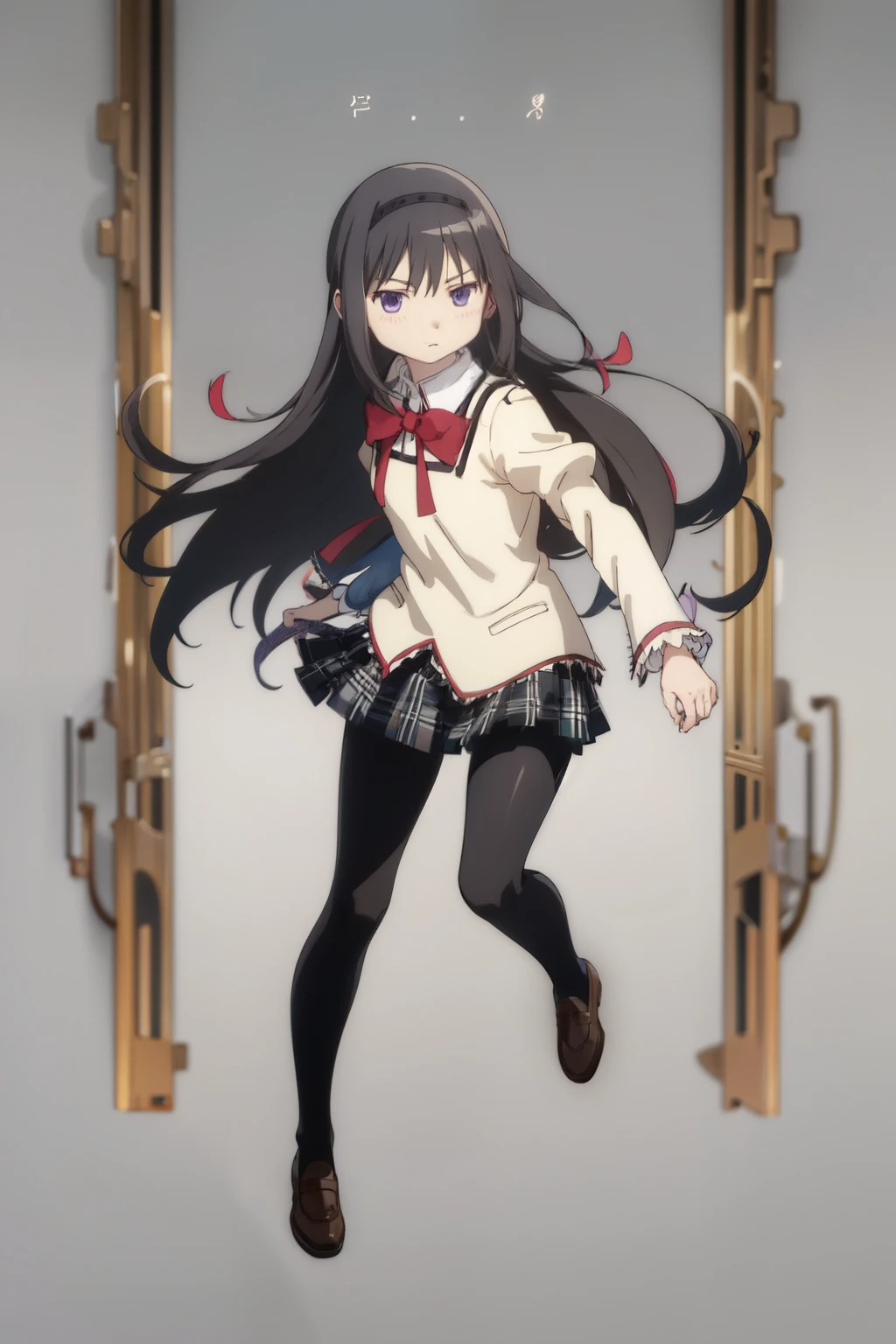 homuraakemi, 1girl, solo, front view , looking at viewer, long hair, straight hair, school uniform, red school bow, brown shoes, black tights, kicking, (short face), small face, flat-shaped face, square face, purple eyes, expressionless, slender body, flat chest, whole body, gray background , Masterpiece, super high resolution, detail eyes