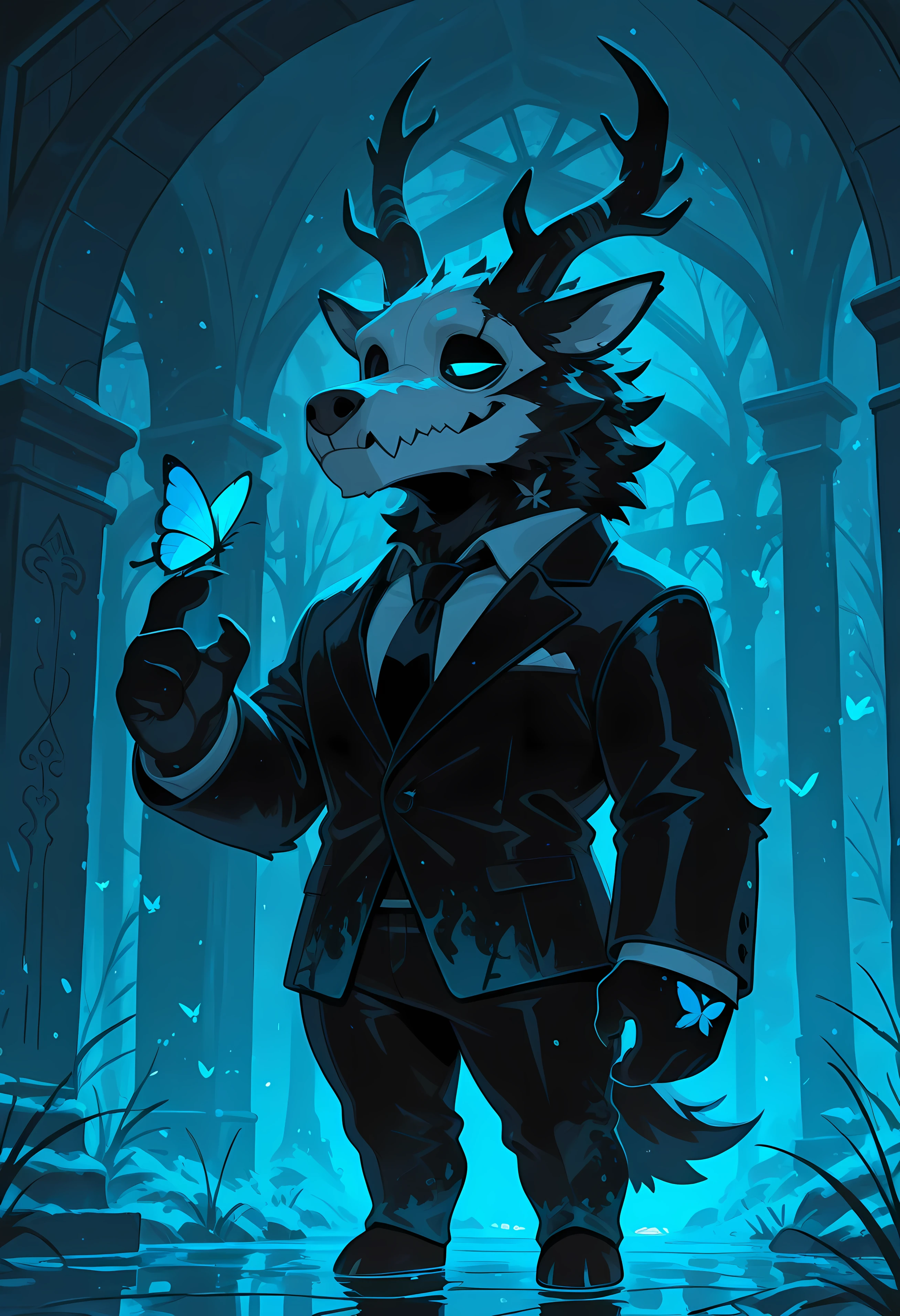 excellent quality, Carved height, good resolution, cold colors, wendigo, Male, he wears an elegant suit, has a butterfly on one of its fingers, chibi
