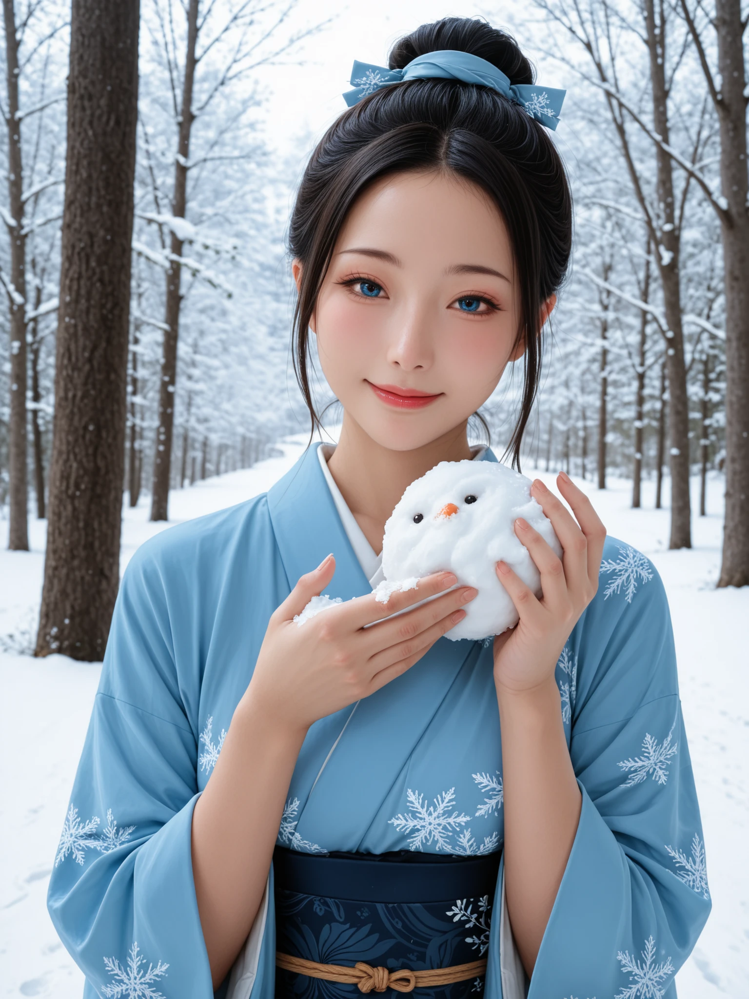 masterpiece,top quality,(live-action,raw photo,photo realistic),solo, 1girl,,soft to the touch, delicate body curves, Realistic Human Body,Forehead,on the palm,blue kimono, Snow Scenery ,viewers who weigh 200kg or more,Smile,it snows,Hair tied up with snow,