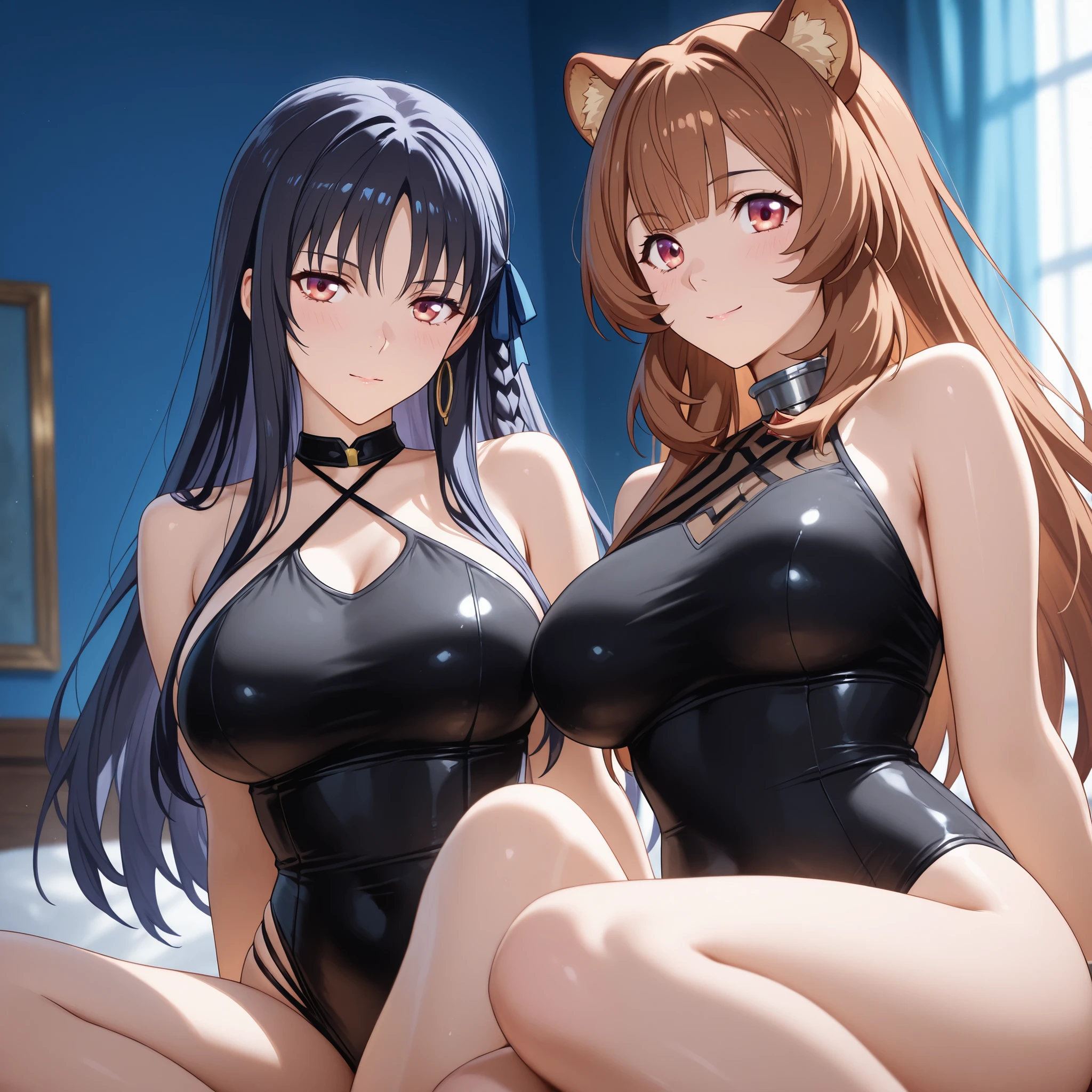 Horikita Suzune and Raphtalia. Raphtalia has amber eyes, rounded ears and a new hairstyle: cabello largo, central fringe and a side braid. Both have a curvy figure and large breasts. Wear tight black bikinis. They are located in the center of a blue room, showing cheerful and flirty expressions. Ultra-detailed anime-style art, vibrant and dramatic lighting, soft and realistic textures. impeccable aesthetics, masterpiece quality, 4K resolution.