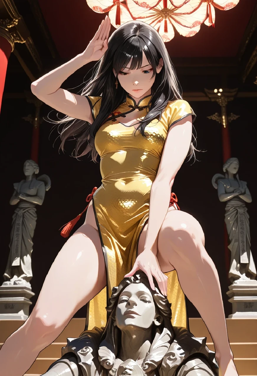 ((perfect )), (photo realistic), (very aesthetic), (highres), (detailed eyes), (top quality), (Realistic), (Super Detailed), (masterpiece), (top quality), (very detailed), (ultra detail), (Super detail), high resolution, delicate texture, Realistic hair shading, Dramatic lighting, Black hair, mind control, pile driver, 掴まれ, panchira, (暗い部屋, 汗, 素肌の小剥き出しを掴む, clear hands), girl:japanese girl, eyes looking down, fighting stance, black-and-gold cheongsam with high-leg cut, dragon-scale pattern, fallen statues, ultra high resolution, (highly detailed:1.5), photorealistic, safe, cinematic lighting, タイトフィットの,