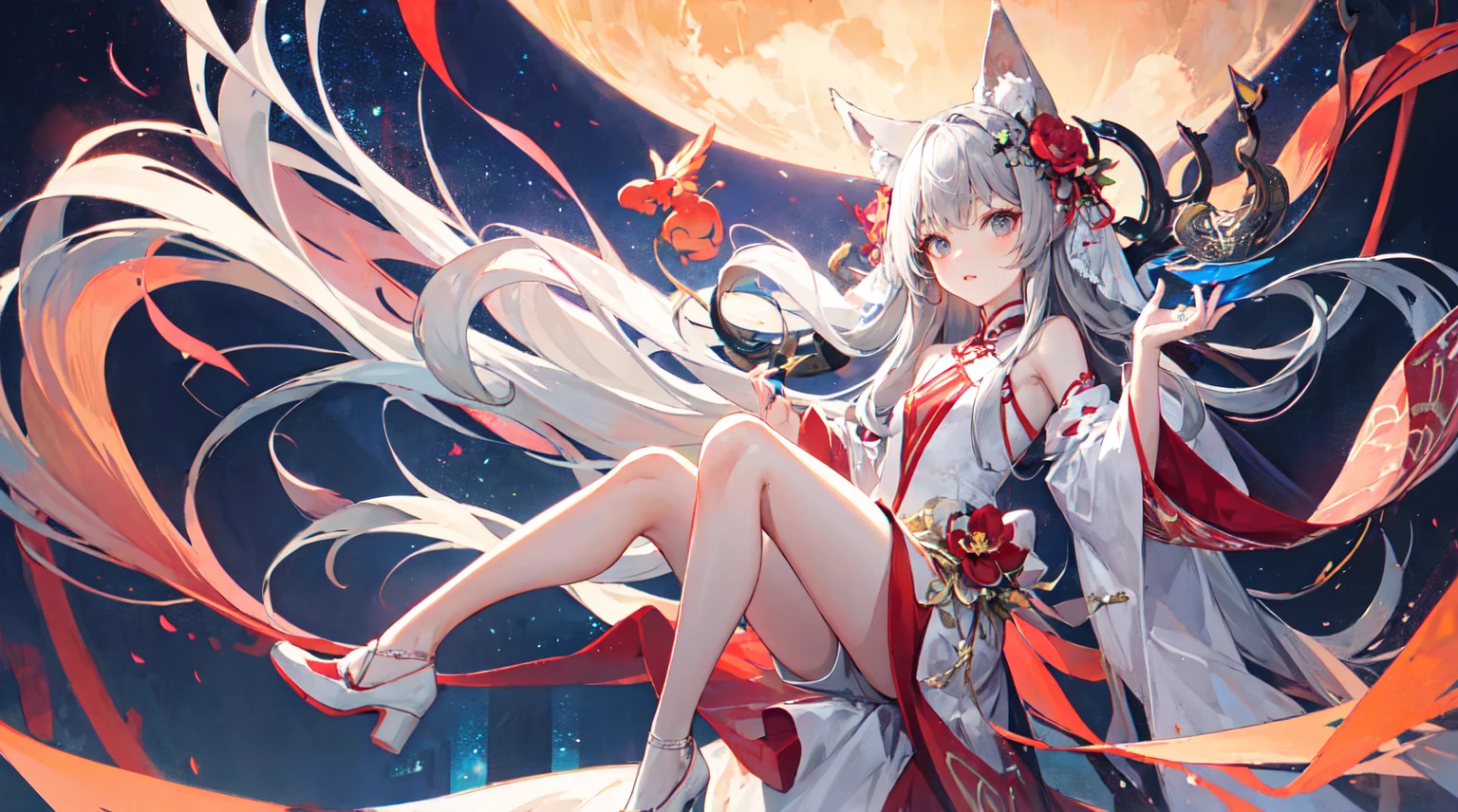 See the townscape while jumping from the sky、jump off、sky diving、Flying in the sky、Fluttering in the wind、Flying in the sky、Jumping from a high-rise building、 armpits and chest、A magnificent view of the city from the treetopasterpiece, best quality:1.2), 1girl, 独奏,Wolf girl, fox mask, ninja, girl, long white hair, odd eyes, blue kimono, ninja girl, red and blue scarf,Dancing Cherry Blossoms,Full moon backlighting, light coming in, fantastic atmosphere.night、Shadows of light and darkness、Eyes glowing in the dark、Black fox mask、Fisheye Lens、Expansive starry sky、long hair that spreads、Jumping from the sky