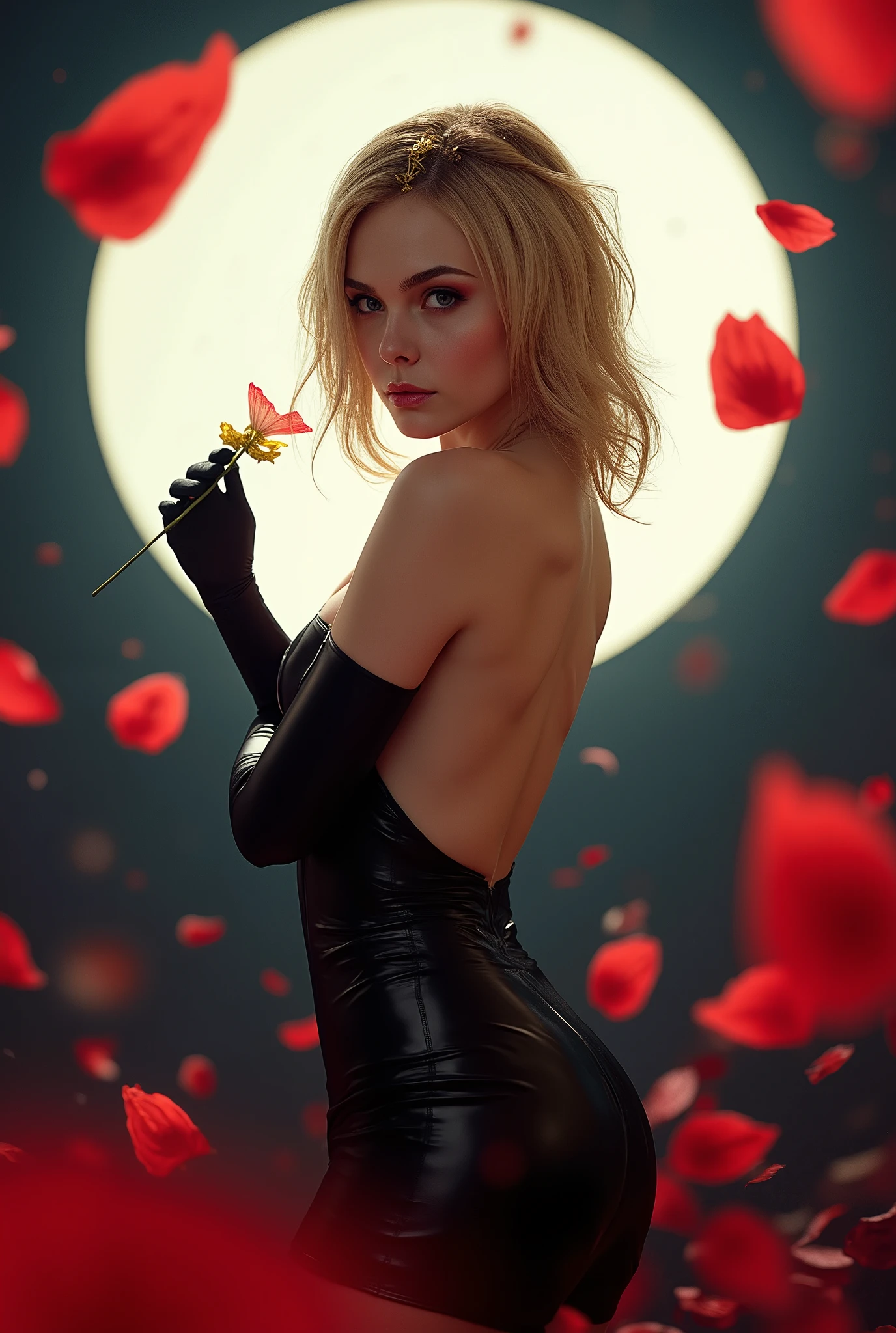 ((ELLE FANNING features: 1.7)),Photo, (((Epic realism: 1.8))), (((Full body shooting angle: 1.8))) Elle Fanning, Photo ultra realista de una chica haciendo cosplay de Yor Forger, an impressive cosplayer ( 22-25 years ), with short wavy blonde hair, light-eyed, slightly tanned skin, athletic and feminine body, small  and hard , Toned Legs, round  and flat abdomen. She wears a sensual version of Yor Forger's black killer costume. She wears a black latex dress with a wide neckline, exposing her beautiful  with her  back, a hair ornament with gold details and long gloves. Holds a flower with a golden hand with a very  pose leaning towards the spectator, with an intense look and a  and mysterious expression. Background with a bright full moon and red petals in the air and suspended dust.  are appreciated. (((adult content: 1.8))). (((exposed : 1.9))) (((: 1.8))
