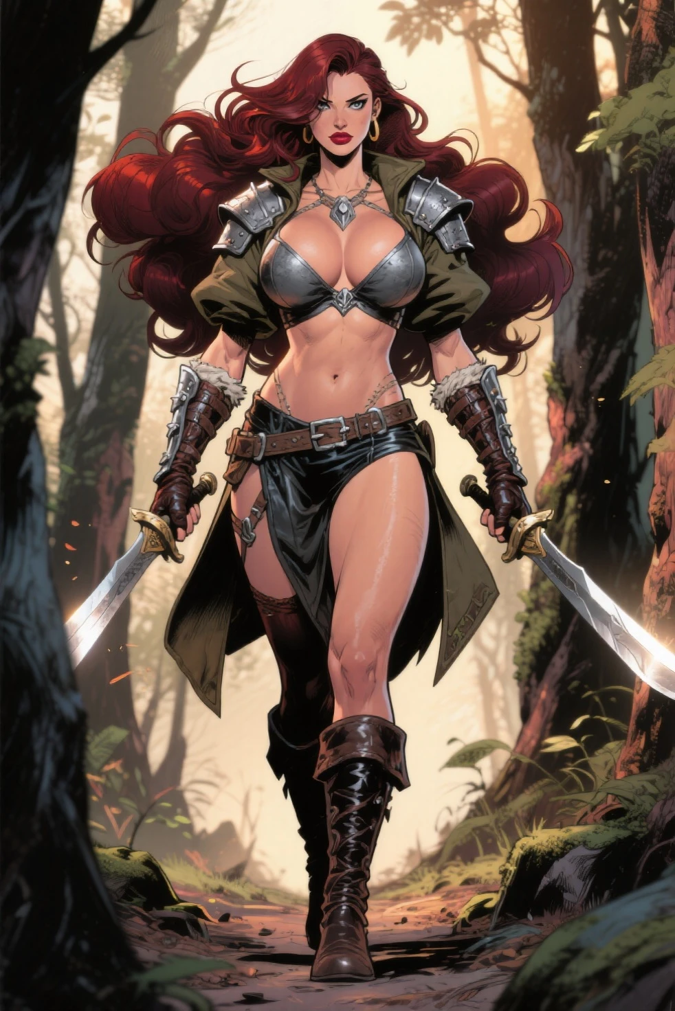 Red Sonja, Guerreira sexy em armadura desleixada, armadura de cota de malha prateada, cabelo ruivo, fantasia, dynamics, realista, UHD, 32k, decote, obra-prima de arte, Sensual, sexy, safada, with sword in hand, imponente guerreira destemida, ultra high def , 32k, --auto --s2