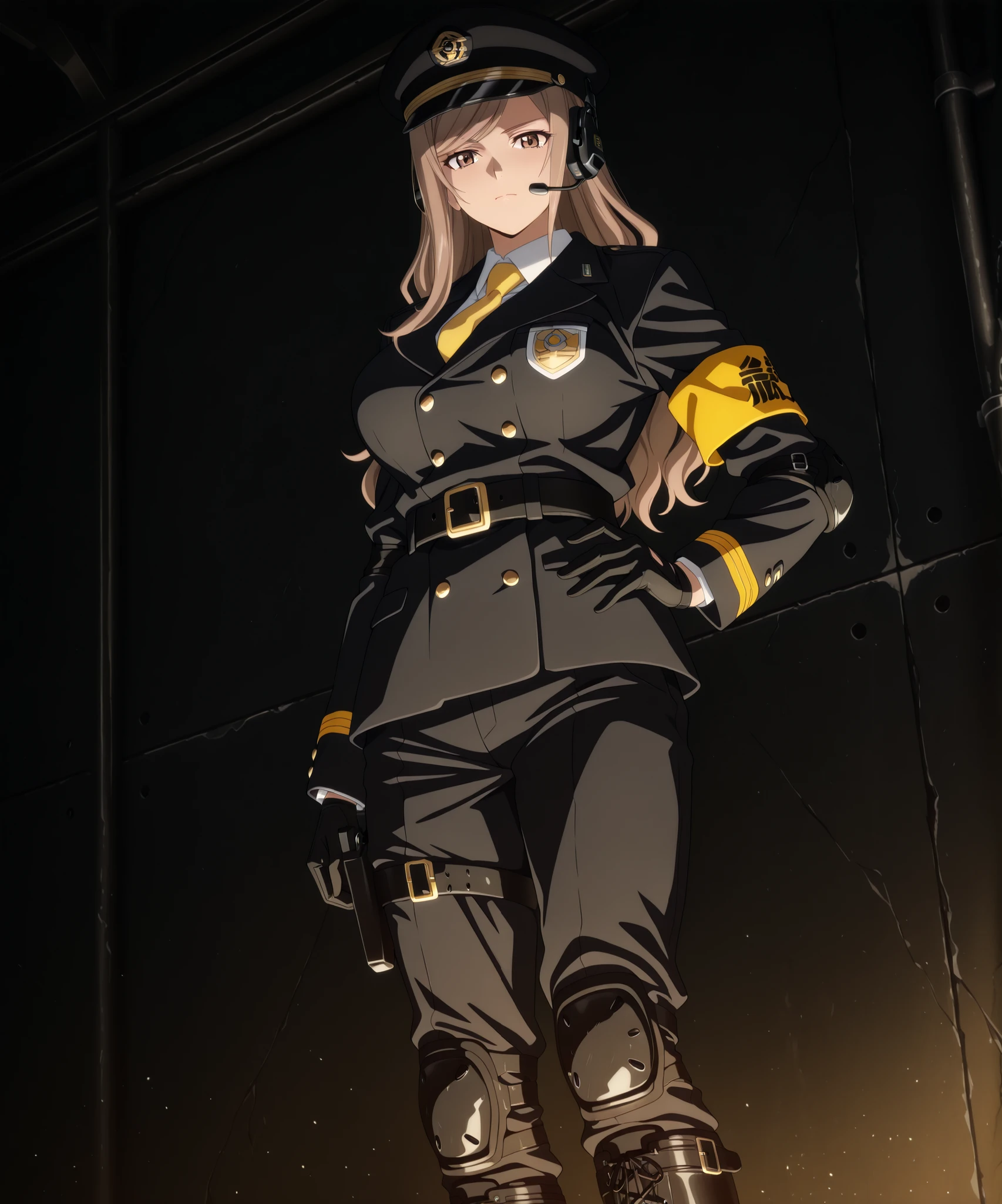 absurdres, amazing quality, best quality, masterpiece, newest, source_anime, anime_screencap, anime coloring, Kureha_STXW_IL, 1girl, solo,
mature female, (light-brown hair, long hair, swept bangs, sidelock, hair down), brown eyes, , muscular body,
(Black peaked cap), badges, (headset mic, headphones), (black uniform, blazer, shoulder-belt, buttons, long-sleeves, yellow armband, black elbow-pads), (white collared shirt, yellow necktie), black gloves, (belt, belt buckle, belt pouches, holsters), (black pants, leg belt), (black knee-pads, black lace-up knee-boots),
looking at the viewer, (closed mouth), standing, hand on hip,
Wall, black background, dark, (light_from_below), underlighting,
Side view,