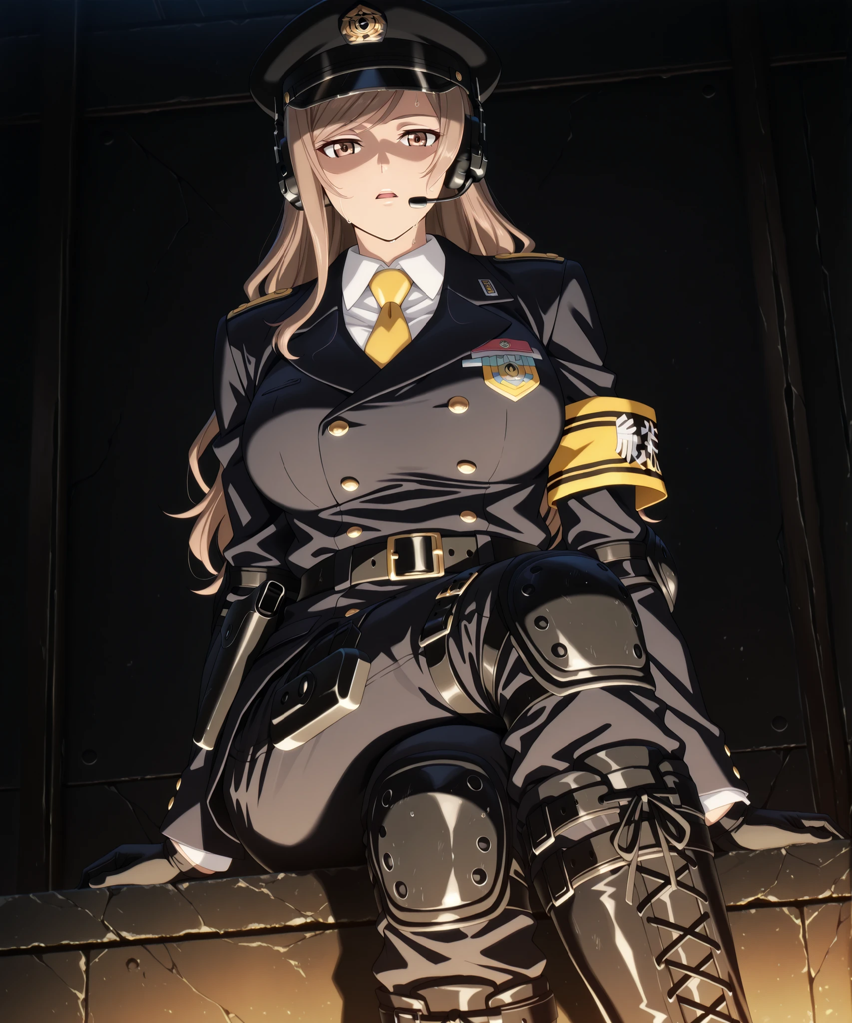 absurdres, amazing quality, best quality, masterpiece, newest, source_anime, anime_screencap, anime coloring, Kureha_STXW_IL, 1girl, solo,
mature female, (light-brown hair, long hair, swept bangs, sidelock, hair down), brown eyes, big breasts, muscular body,
(Black peaked cap), badges, (headset mic, headphones), (black uniform, blazer, shoulder-belt, buttons, long-sleeves, yellow armband, black elbow-pads), (white collared shirt, yellow necktie), black gloves, (belt, belt buckle, belt pouches, holsters), (black pants, leg belt), (black knee-pads, black lace-up knee-boots),
looking at the viewer, (parted lips, open mouth), sweat, sit down, crossed legs, hand on lap,
Wall, black background, dark, (light_from_below), underlighting,
Side view, close-up,