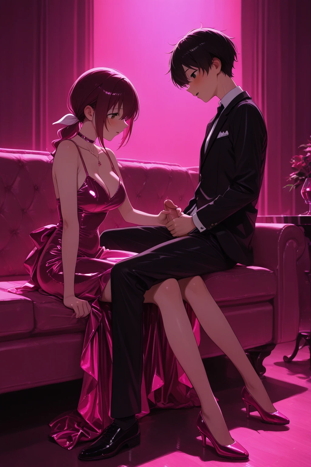 (People, Japanese, short black hair, luxury city hotel room, mini skirt, dress, wearing red heels, woman wearing collar on man.