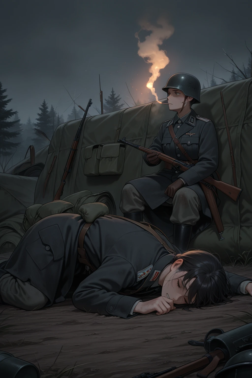 1 young man、Kakoi、Black Hair、Brown eyes、Green military uniform、The expression of fear at the moment of death、impatience、Horror