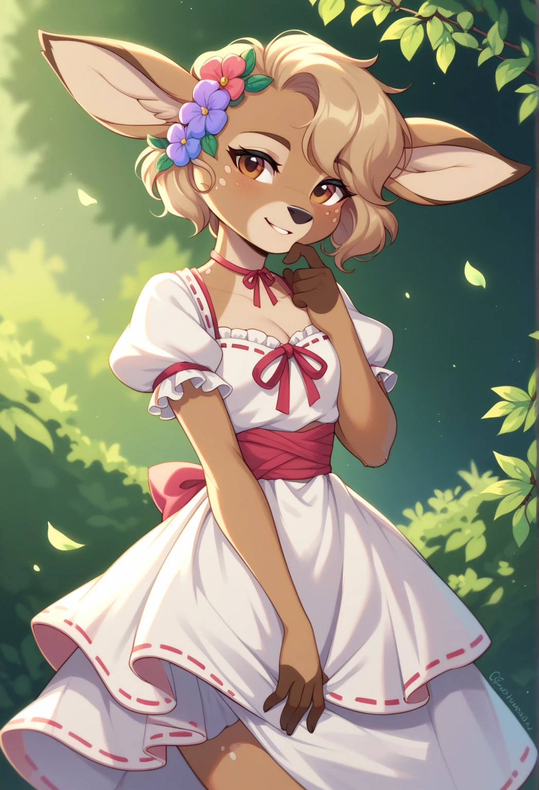sfw, by claweddrip, by ressue, by pudgeruffian, by fleet-foot, by thericegoat, best quality, masterpiece, solo, female, rabbit, rabbit tail, (lop ears:1.1), blonde hair, long straight hair, beige fur, yellow eyes, bright eyes, medium , sundress, white sundress, off-shoulder, frills, gentle smile, plaza scenery