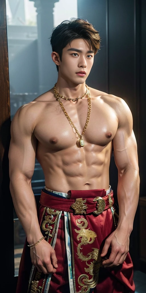 ( safe for work),Two handsome boys kissing, smiling at each other,hugging, kissing, touching lips, cuddle, romantic,skin ship, Chinese Men God, Mythology, realistic, Chinese odyssy, super Handsome,manly, kpop idol, handsome korean actor, 20 years old,, detailed face, manly jawline, detailed mess curly styling hair, , Muscles, big  Athlete body, Full Frame,full body shoots, realistic, human skin, tattoo , Professional studio Lighting, long red tibet wedding Outfit, jade and golden pendent all over , detailed jewery in dress, earings,Chinese ancient wedding Background,out door, super detailed background,look at camera , open mouth, thin Underneathe , tibet Warrior, Hanfu red wedding dress, tibet Male, tibet Nobel,  ,   , tattoo , tattoo arms, tattoo hands, tattoo back, tattoo legs , tattoo belly, big juicy butts, 