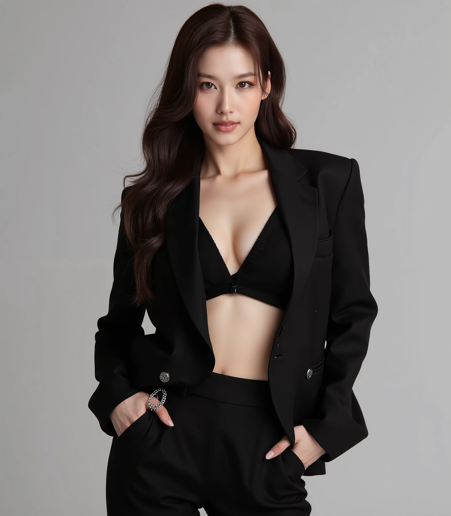 Sana twice, she is wearing a tight suit, she is smiling seductively