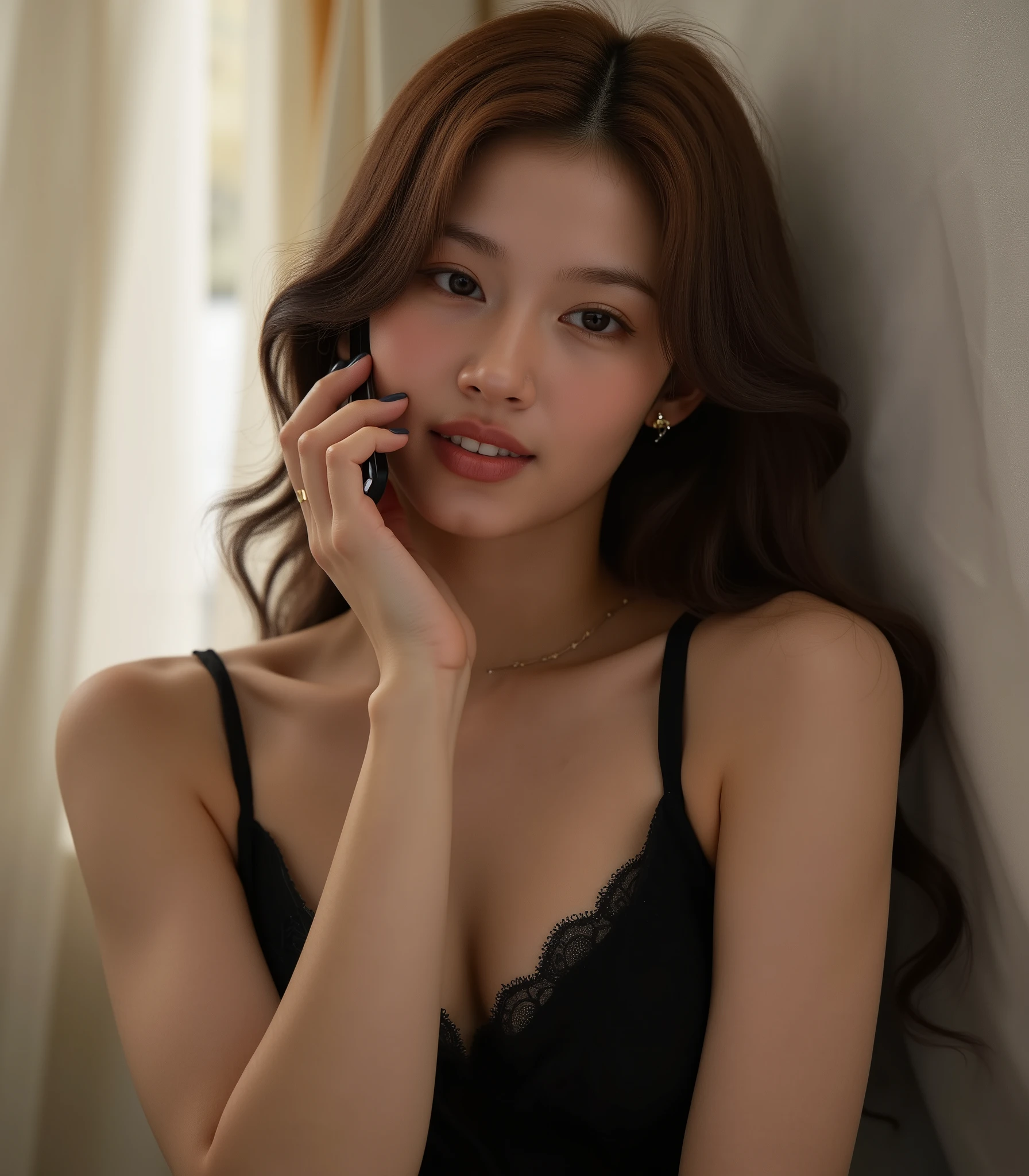 Sana twice, she's wearing a black nightgown, she is chatting on her phone