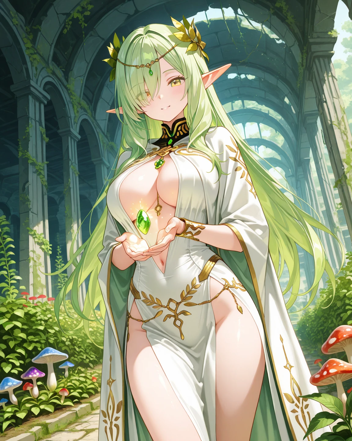 score_9, score_8_up, score_7_up, score_6_up, score_5_up, score_4_up, 
gradient background, 
refraction, caustics, rim lights, backlighting, bloom, 
BREAK
source_anime, night, outdoors, sky, night sky, forest, tree, bush, shrub, green theme, 
BREAK
1girl, light green hair, large breasts, elf, breast curtains, pelvic curtain, 
from above, from side, looking at viewer, 
holding staff, staff, 
<lora:M-Da_S-Tarou-v1-PDXL:1>