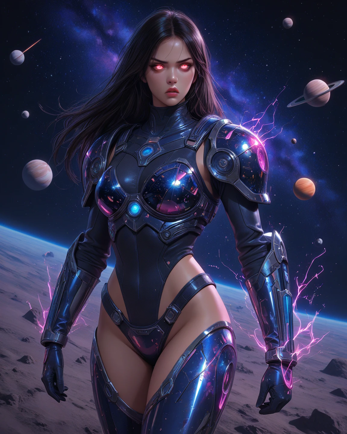 ( Masterpiece, 8k resolution, ultra-realistic, very detailed) Sexy star sapphire cosmic super heroine, Latina Adult model Daisy Marie(wears a tiara/headband) photography by artgerm, in the style of realism, glistening skin, cartooncore, mangacore, natural lighting, Defined full lips. Muscular Latina Adult model Daisy Marie, fitness feminine, body huge breasts, excessivecleavage, sideboob, (In space) (ponytail)