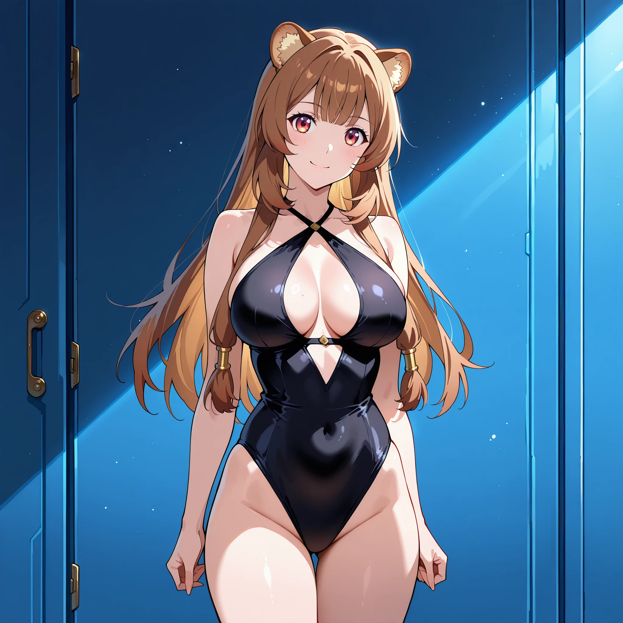  Horikita Suzune and Raphtalia. Raphtalia has amber eyes, rounded ears and a new hairstyle: cabello largo, central fringe and a side braid. Both have a curvy figure and large breasts. Wear tight black bikinis. They are located in the center of a blue room, showing cheerful and flirty expressions. Ultra-detailed anime-style art, vibrant and dramatic lighting, soft and realistic textures. impeccable aesthetics, masterpiece quality, 4K resolution.
