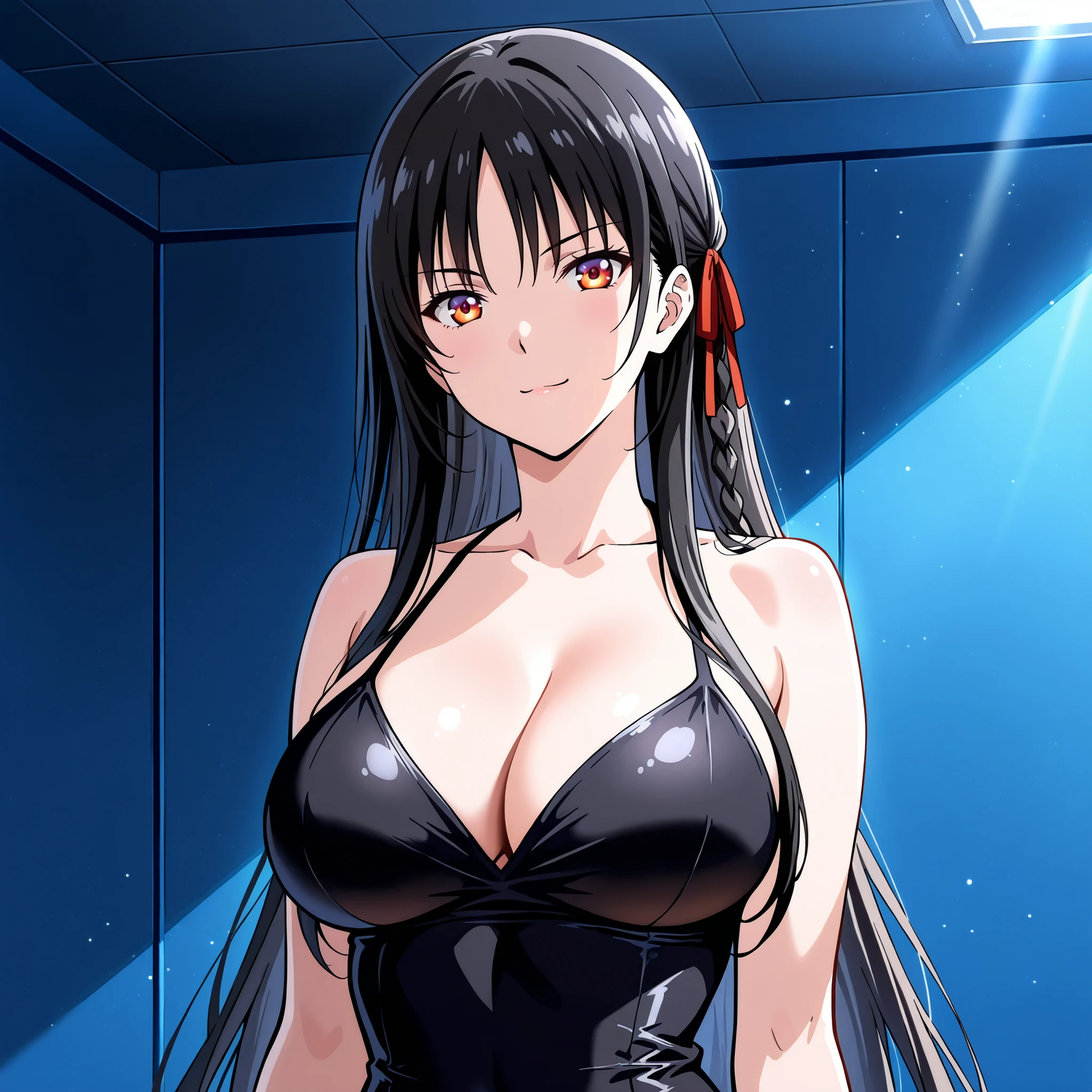 Horikita Suzune has amber eyes, rounded ears and a new hairstyle: cabello largo, central fringe and a side braid. Both have a curvy figure and large breasts. Wear tight black bikinis. They are located in the center of a blue room, showing cheerful and flirty expressions. Ultra-detailed anime-style art, vibrant and dramatic lighting, soft and realistic textures. impeccable aesthetics, masterpiece quality, 4K resolution.