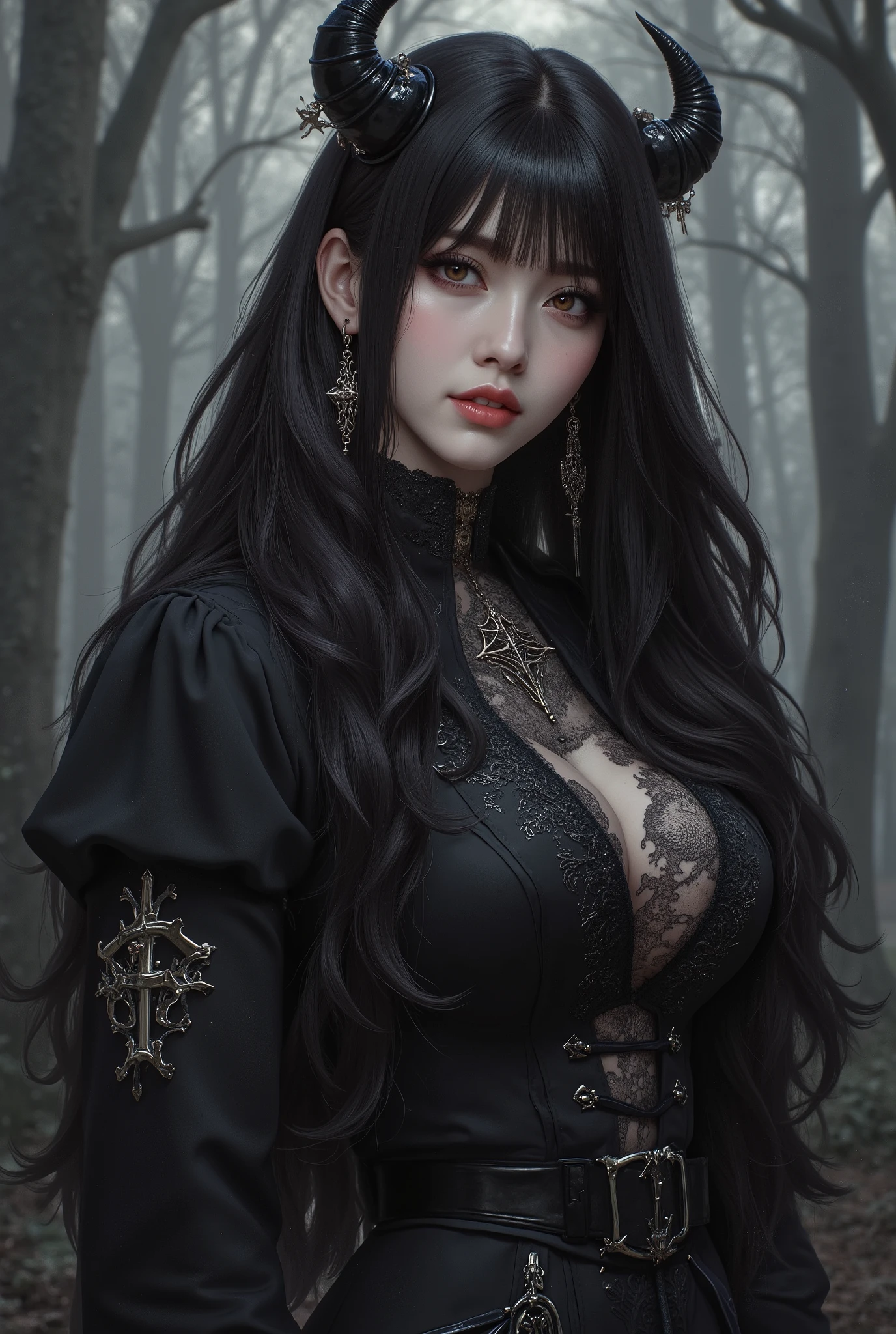 (highest quality,4K,8k,High resolution,masterpiece:1.2),Super detailed,(Realistic,photoRealistic,photo-Realistic:1.37), Close-up of a woman with dark hair and a black dress, Ugly Satan Girl,Dark Eyes,sinister smile,Evil Aura,Burning Flames,Soul Corruption,Dark Shadows,Ominous atmosphere,Strange symbols,Cursed Land,Eternal Darkness,An unforgettable presence,Intimidating person,Grotesque features,Horror Scene,Nightmare born kimono,Twisted reality,Scary atmosphere,Awesome work of art,Evil Unleashed,Devil's Realm,Supernatural horror,Creepy art,Nightmare fuel,Terrifyingly clear,Abstract fear,Terrifyingly beautiful,A devilish masterpiece,Fear incarnate,Shadow Chaos,A devilish existence,born々Shii Darkness,in style of Dark Fantasy Art, Dark fantasy art, A beautiful and elegant demon queen, Dark Fantasy Art, fantasy dark art, Dark fantasy digital art, Gothic fantasy art, Gothic Dark Maiden, Detailed Texture,Spooky creatures,An ominous atmosphere,Mythical,cosmic Horror,darkness,Mysterious,Dark aesthetic,Fog Background,Eyes of another world,Ancient Gods, Powerful wizard, Stand in the mysterious forest. Flowing robes decorated with symbols, Arms stretched out, Powerful,Tentacles,Pitch black blackness,Majestic,Unfathomable depth,Nightmare,The existence of the universe,an ominous existence,seeping darknesss,Secrets of the Universe,That's horrible,It (Spooky atmosphere), (Cartoon-like atmosphere),(Grainy), (Dramatic Shadows), (Dynamic pose), ((Artistically expressed)), ((Fascinating), (Gothic), (Mysterious Setting), (Moody color palette), (Skillfully drawn), (Feelings of anxiety), (Intricate details), (an  ominous smile), (an  ominous), (Fascinating eyes), (Horror elements), (Fascinating composition), (Impressive anatomy),(Striking contrast)), (Exquisite craftsmanship), (Interesting character designs)、Dark Fantasy Portrait, Portrait of the Dark Goddess, Satan Girl,devil,