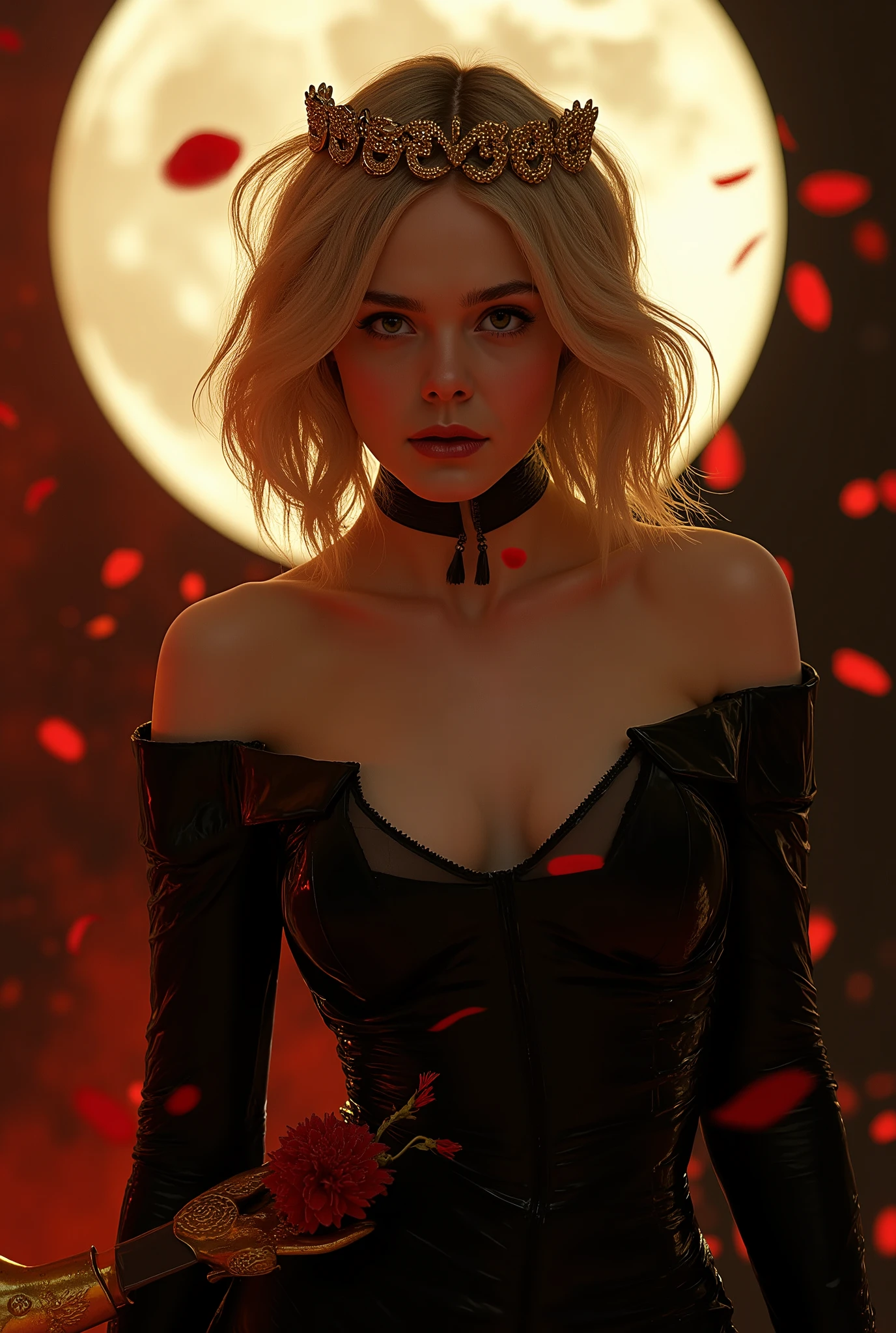 ((ELLE FANNING features: 1.7)),Photo, (((Epic realism: 1.8))), (((Full body shooting angle: 1.8))) Elle Fanning, Photo ultra realista de una chica haciendo cosplay de Yor Forger, an impressive cosplayer ( 22-25 years ), with short wavy blonde hair, light-eyed, slightly tanned skin, athletic and feminine body, small and hard , Toned Legs, round and flat abdomen. She wears a sensual version of Yor Forger's black killer costume. She wears a black latex dress with a wide neckline, exposing her beautiful with her back, a hair ornament with gold details and long gloves. Holds a flower with a golden hand with a very pose leaning towards the spectator, with an intense look and a and mysterious expression. Background with a bright full moon and red petals in the air and suspended dust. are appreciated. (((adult content: 1.8))). (((exposed : 1.9))) (((: 1.8))