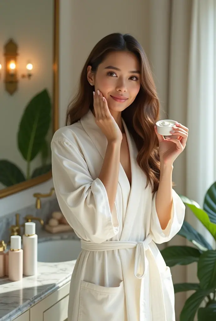 "A beautiful woman, anikaxxx, with long brown hair is applying face cream while looking into a mirror. She is wearing a white headband and a white robe, smiling gently as she cares for her skin. She holds a small jar of cream in one hand while applying it with the other. The scene is well-lit, giving a soft and natural look to her complexion. The background is slightly blurred, focusing on her reflection in the mirror and her radiant smile. The overall atmosphere is calm, clean, and inviting, emphasizing the woman's natural beauty and skincare routine."
