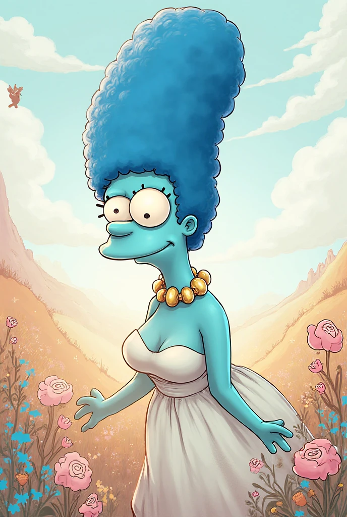 score_9, score_8_up, score_7_up, score_6_up, DoompyPomp \(Artist\), @DoompyPomp,  godrays,, sunlight hitting face, lit from front, sunset sky, 1girl, (blue hair:1.5), ponytail, long hair, blue eyes, big perfect eyes, cute face, (freckles:1.2), ((blush)) highly detailed face, (blue sundress:1.2, off the shoulder dress, strapless dress), bare shoulders, (cleavage), huge breasts, freckled breast, round breasts, breasts together, perky tits petite Body, hourglass figure, slender body shape, perfect slender legs, sweating, oiled skin, looking away, slight smile, lusty, seductive, summer heat, heat effects, sun rays, sharp outlining, high contrast, vibrant colors,BREAK, standing in blood red field of flowers, summer