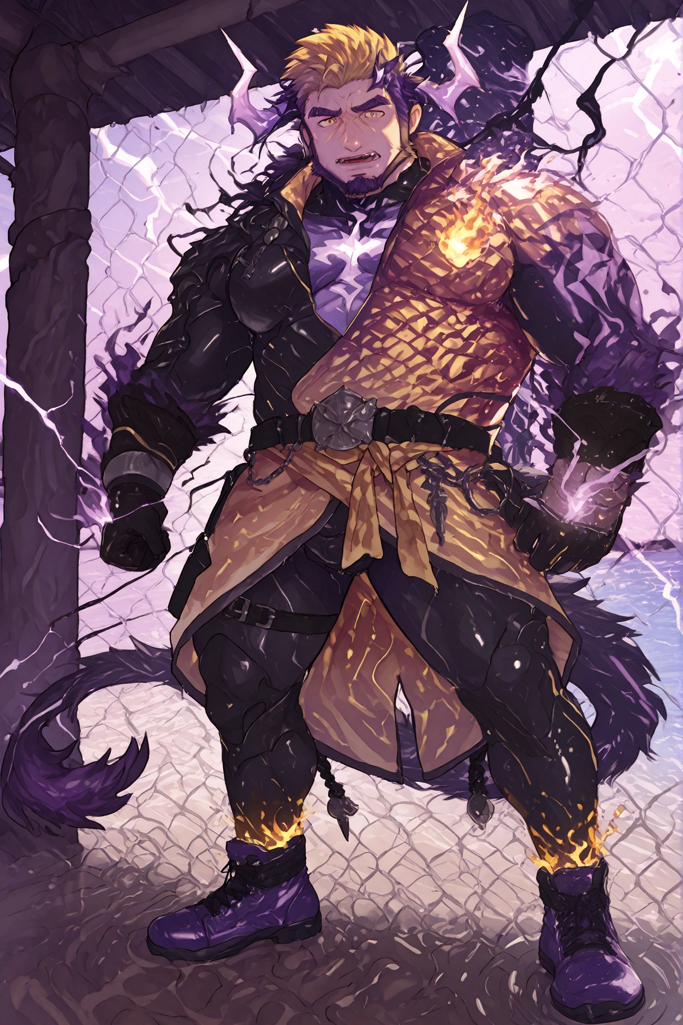 male devil playing in a water park,switch to a larger image, Background of the depiction.、his  are not depicted、burning in a yellow flame,more than the character Realistic,horns growing from purple lightning,The upper half of his devilish face is covered {x} he has sideburns that look like he has painted his entire neck with metallic paint {X} purple lightning pattern on both sides of his hair,Purple beard,Devil's Face  , Background of the depiction of a devil wearing clothes, 8K High Resolution Art , nose, Eyebrows are purple flames,The horse's tip is a purple flameで燃えている,Gigachad's Muscular, Razielle IRL, Art Stationで人気, Male art, POV fur art, Switch to a larger image of God Poseidon, strong, Fat, Buccanarian's Body, SFW version, Art Stationの男性的な美的センス,Epidermal、Naked skin is dark gray、light purple,purple hair shines through,his hair shines fluorescent purple,his hair looks like a purple flame,Both sides of his hair are connected to his beard.。The horse's tip is a purple flame,The back part of the upper center is a king style devil with yellow hair,horns growing from purple lightning.,彼のはburning in a yellow flame,Background of the depiction is a realistic beach.,his  are burning with a yellow flame.。

