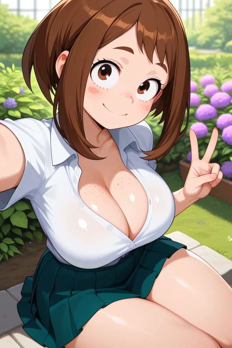 score_9, score_8_up, score_7_up, source_anime, anime screencap, 1girl, brown hair, medium hair, , skirt, standing, smile, cowboy shot, looking at viewer, outdoor, Selfie