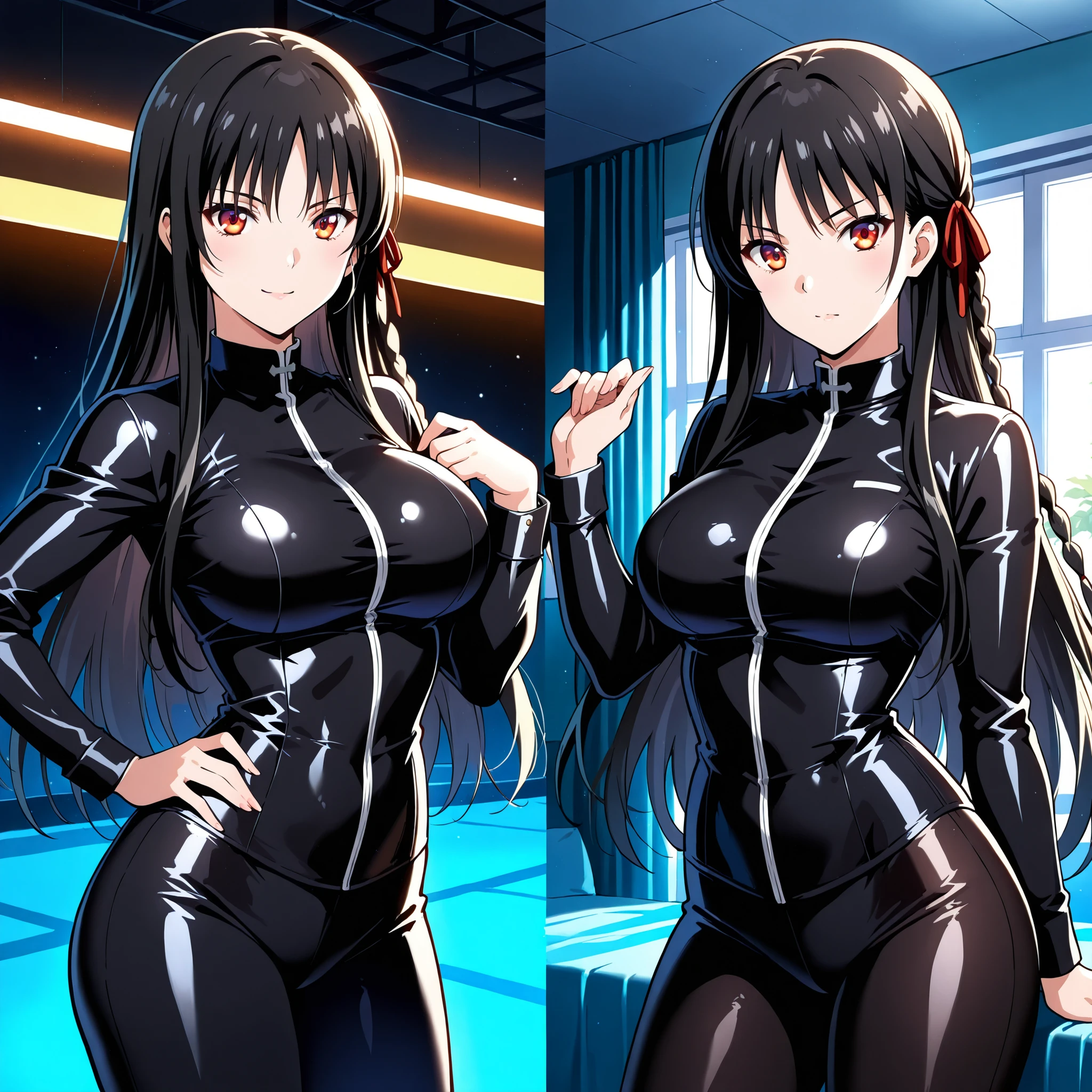 Horikita Suzune has amber eyes, rounded ears and a new hairstyle: cabello largo, central fringe and a side braid. Both have a curvy figure and large breasts. Wear tight black bikinis. They are located in the center of a blue room, showing cheerful and flirty expressions. Ultra-detailed anime-style art, vibrant and dramatic lighting, soft and realistic textures. impeccable aesthetics, masterpiece quality, 4K resolution.