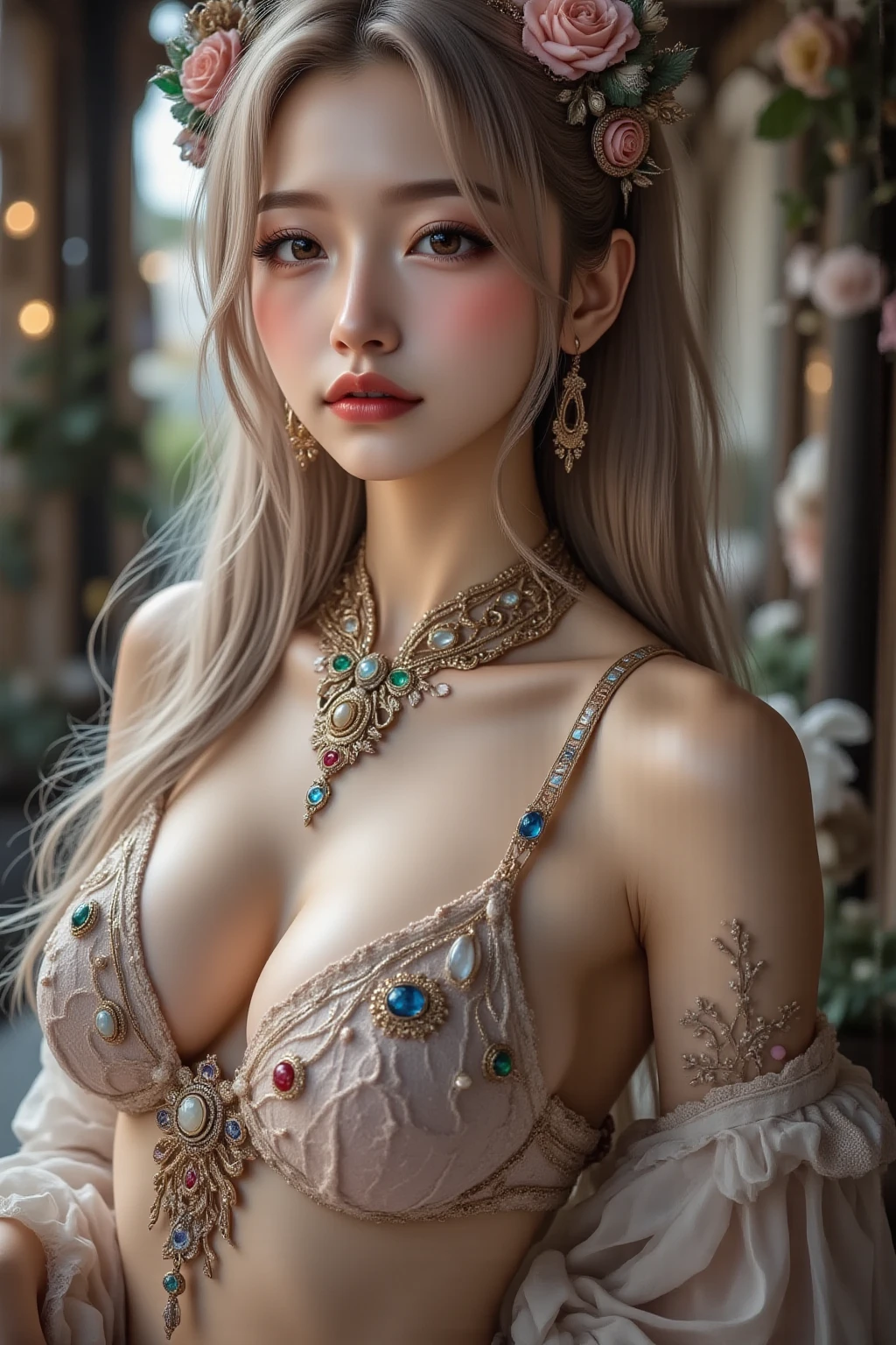 (heavy breasts)、top-quality、​masterpiece、超A high resolution、（Silver Dragon Armor）、(((Colossal tits))),dragon armor、(((large floral ornament on the head))),(((Detailed Micro Bikini))),(Wearing a beautiful crown made of jewels),(Photorealsitic:1.4)、Raw photo、女の子1人、(((Random hair))、(((Take different poses)))、glowy skin、(((White Chinese Dragon)))、Intricate and ornate hair ornaments、（Gorgeous Jewelry Necklaces）、（Mystical expression）、（Full Body Angle）、（Fight big dragons）、（Metal bikini）、((beautiful lake background)),(beautiful forest background)、Precipitous cliffs、(Castle background)、((super realistic details))、portlate、globalillumination、（sexypose）、Shadow、octan render、8K、ultrasharp、Colossal tits、Raw skin is exposed in cleavage、metals、Details of complex ornaments、Japan details、highly intricate detail、Blue eyes、radiant eyes、Facing the camera、Toostock、（Full Body Angle）、（veils）、(((Heavy Big))),((she is wearing a beautiful jeweled bangle.)),