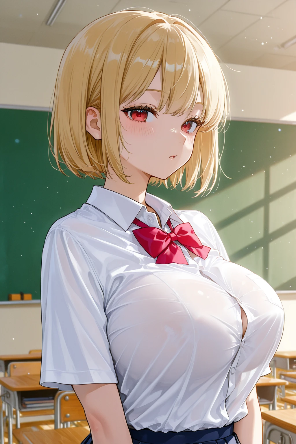 score_9, score_8_up, score_7_up, source_anime, chisatonishikigi, chisato nishikigi, short hair, bangs, blonde hair, red eyes, hair ribbon, one side up, bob cut, smile, shirt, long sleeves, dress, ribbon, white shirt, collared shirt, belt, neck ribbon, red dress, blue ribbon, pleated dress, grey dress, two-tone dress, red belt, lycoris uniform, looking at viewer, ,rating ,Breast squeeze,1boy,, hetero, (()), (pov),happy smile, , PaizuriOnLap,breasts, looking at viewer,indoors, curvy,(()),open mouth,